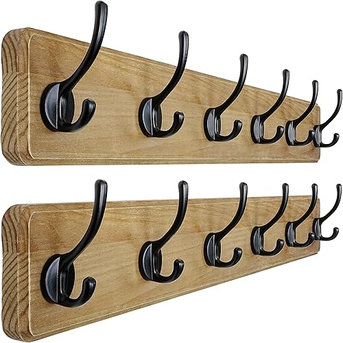 Miniatura 8 de Dseap Perchero de pared patentado, resistente, 17.4 pulgadas de largo, 5 ganchos dobles de madera, perchero montado en la pared, perchero para