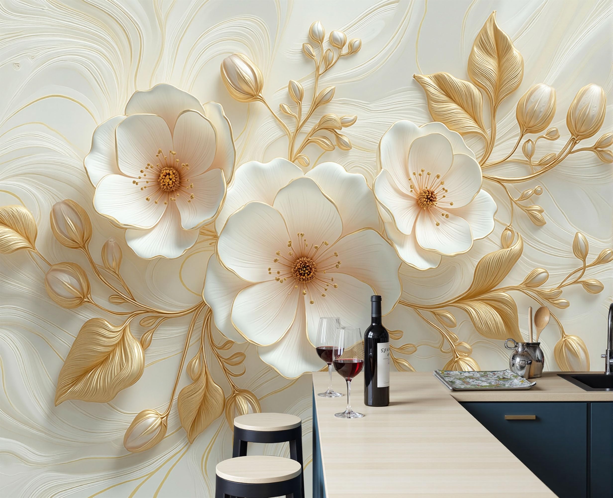 Papier peint soie élégant relief floral pour masquer les imperfections murales du salon