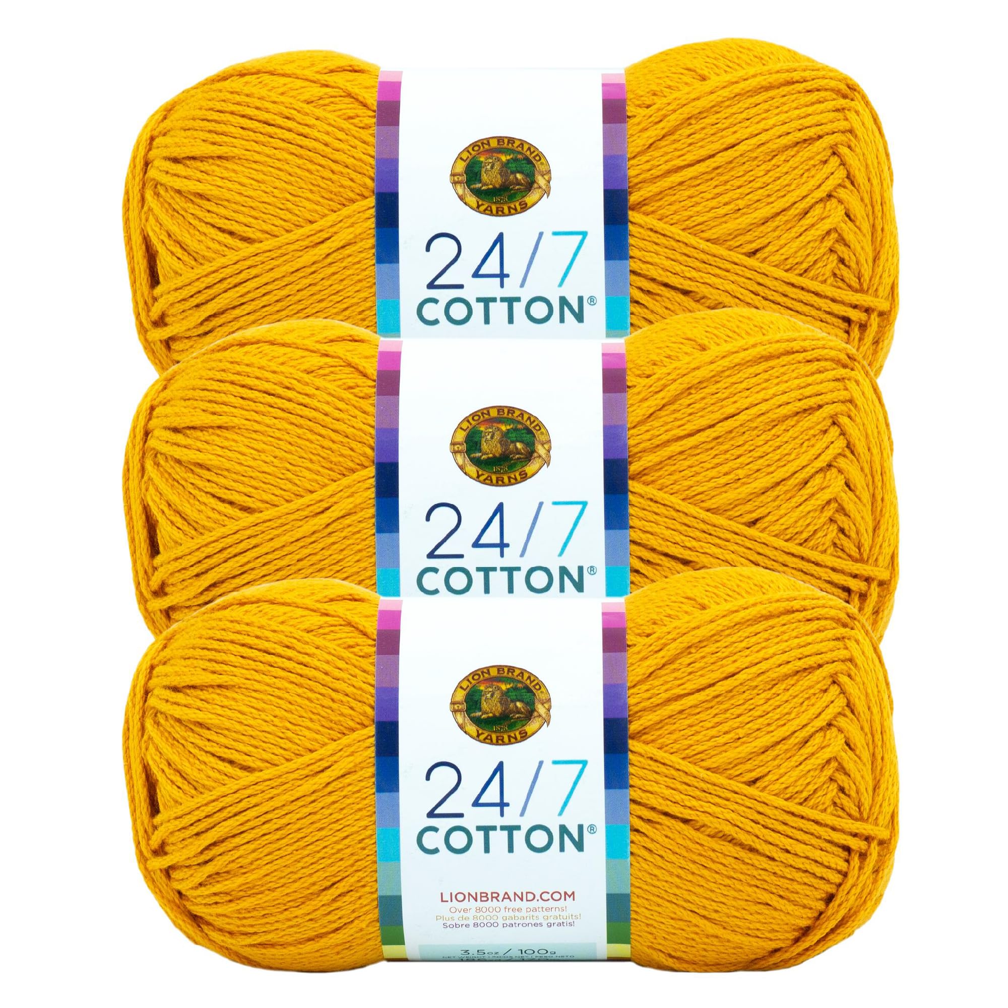 Lion Brand Yarn Lightweight 24/7 Cotton Yarn for Knitting, Crocheting, and Crafts, Goldenrod, 3 Pack
