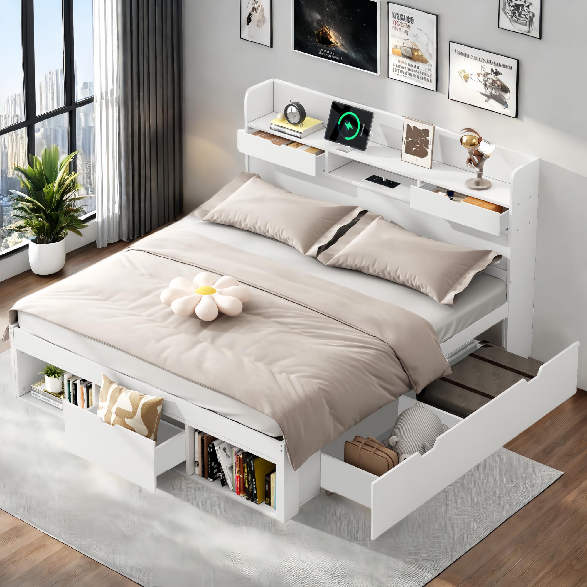 Lubvtti cama acolchada con puerto USB y cajones, cama matrimonial con baúl 140 x 200 cm, cabecero con almacenamiento, marco 140 x 200 cm, blanco