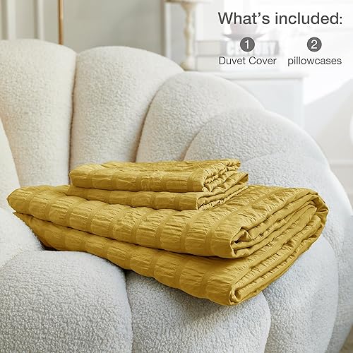 Miniatura 6 de JELLYMONI Juego de funda de edredón amarilla tamaño King, juego de cama de microfibra lavada de 3 piezas, juego de funda de edredón de sirsaca suave