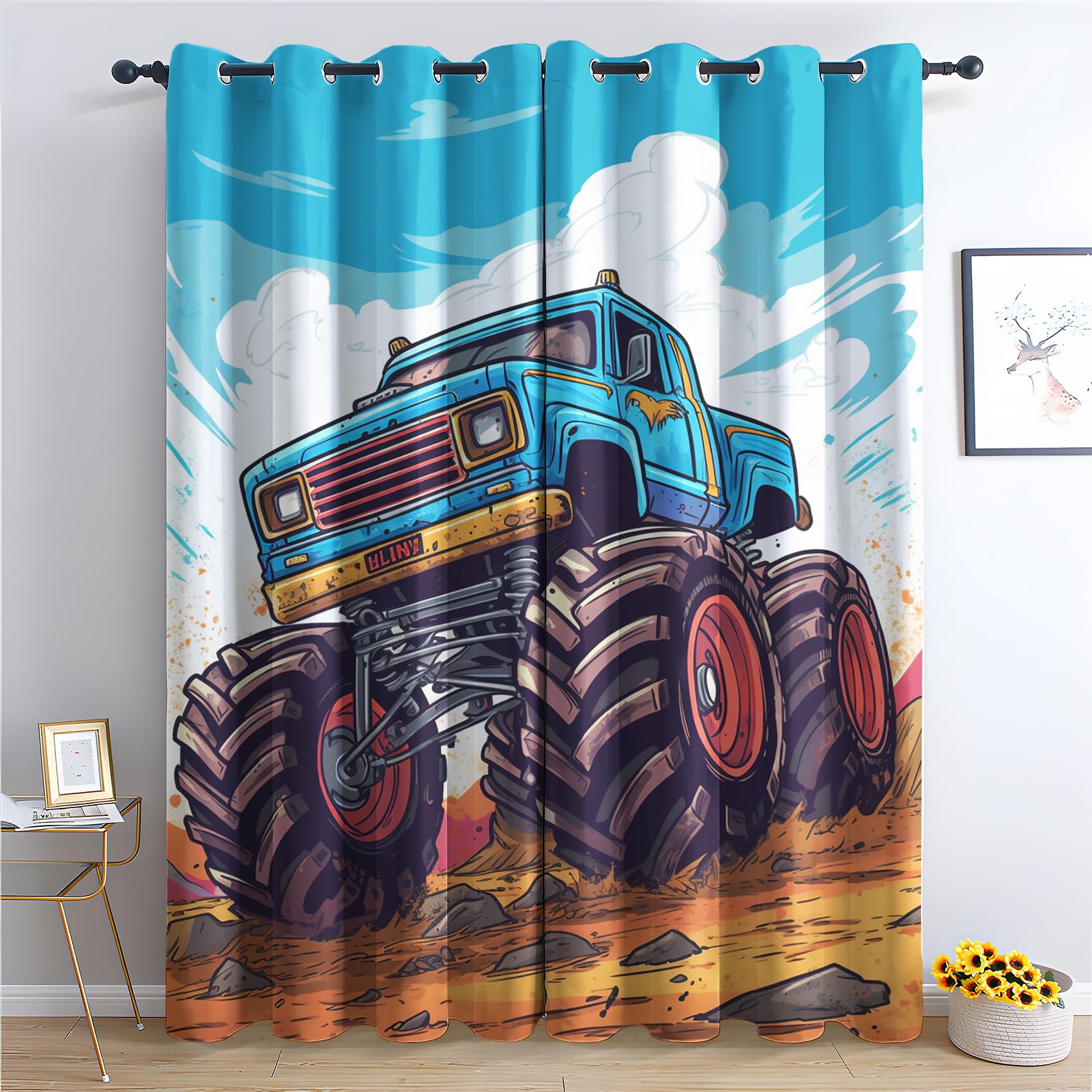 QEODAH Monster Truck Blackout Curtains for Bedroom - Boys Kids Cool Car Truck Living Room Curtains 66x72 Eyelet - Soft Thermal Insulated Patterned Drapes for Windows - 2 Panels