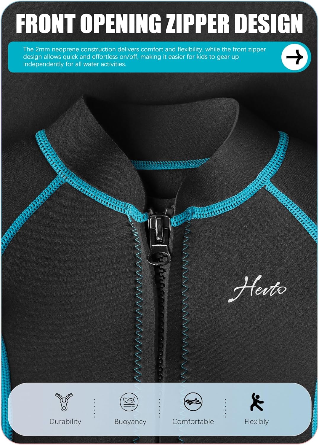 Hevto Kids Wetsuit Shorty for Boys Toddler Girls Youth 2mm Neoprene Thermal Wet Suit Front Zip for Swimming Snorkeling Surfing Diving - Image 4