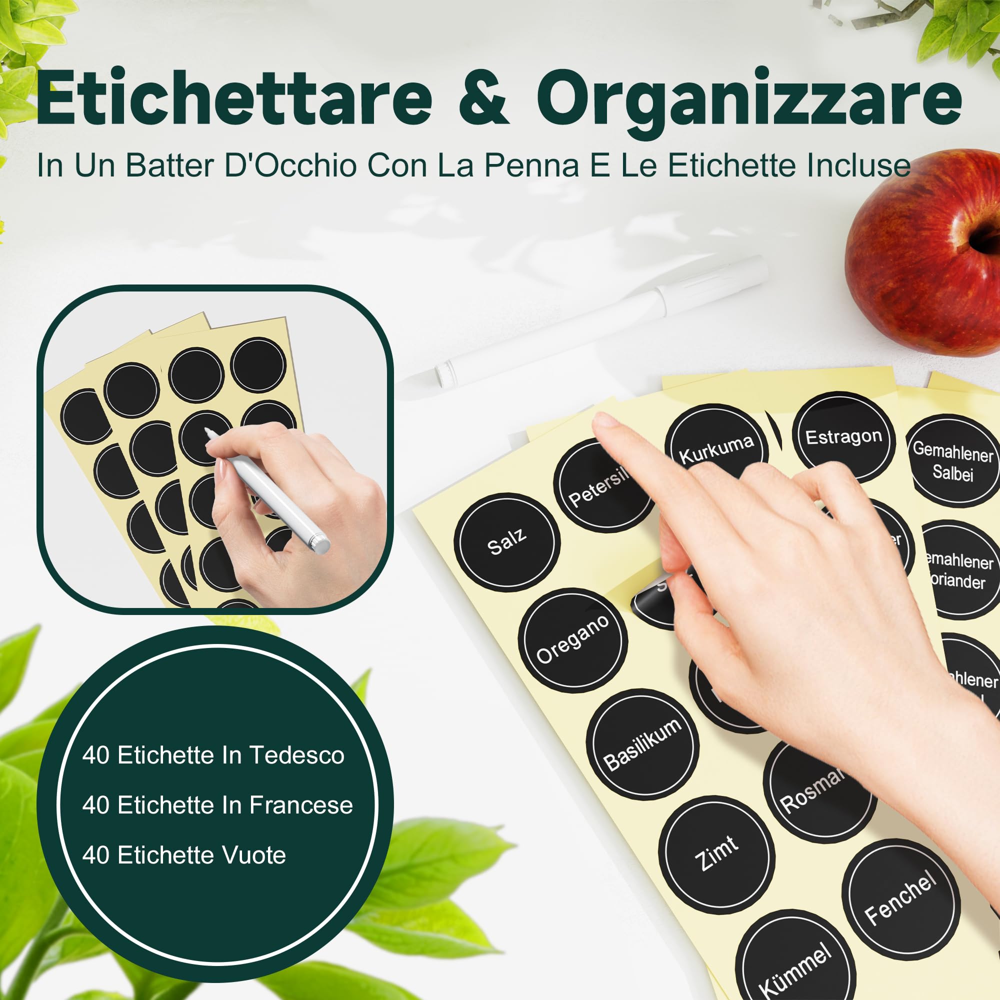 Set portaspezie con 28 barattoli per spezie e 120 etichette, organizer per spezie per cucina e armadio, portaspezie da parete o in piedi, completo sistema di conservazione delle spezie (nero)
