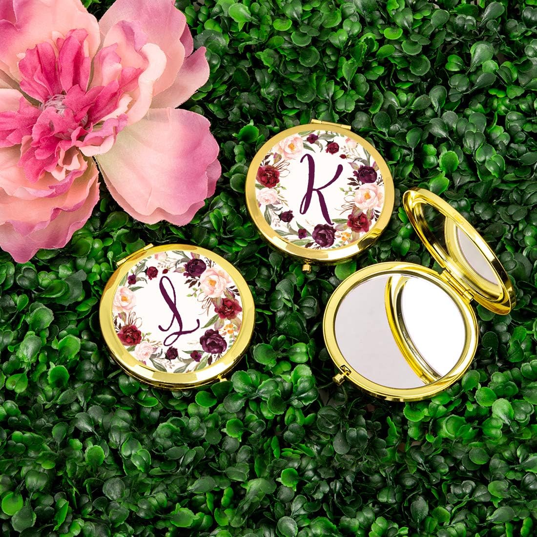Andaz Press Gold Compact Mirror Bridesmaid's Wedding Gift, Marsala Burgundy Maroon Flowers on White, Monogram Letter L, 1-Pack, Bachelorette Bridal Shower Wedding Party Gifts