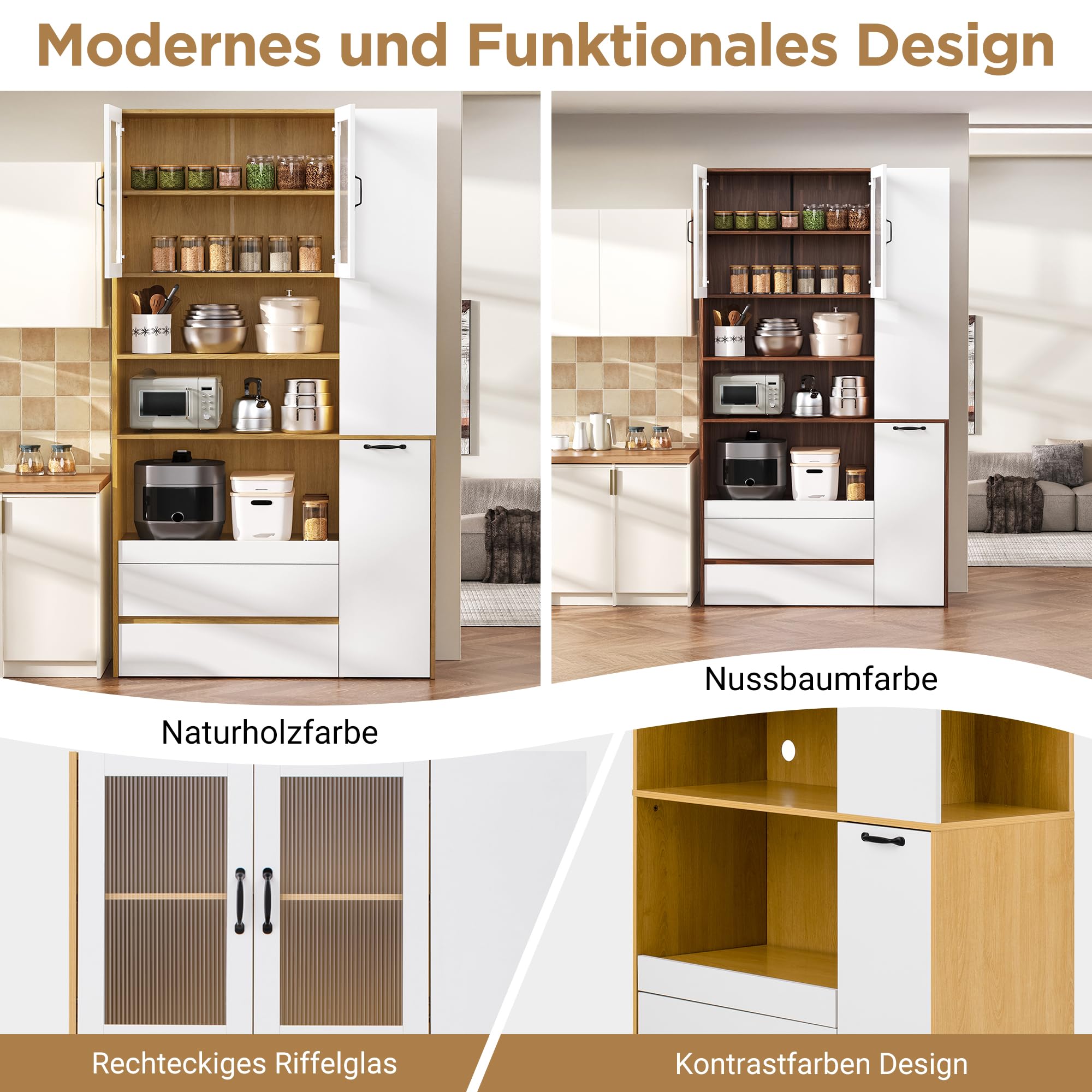 Credenza Alta in MDF e Vetro Scanalato, per Cucina, Bianco, 100x40x200 cm