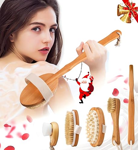 Zeutch Premium Dry Brushing Body Brush Set for Lymphatic Drainage and Cellulite Treatment, Boar Bristle Long Handle Face Cleansing Brush for A Glowing Skin, 5 Pack