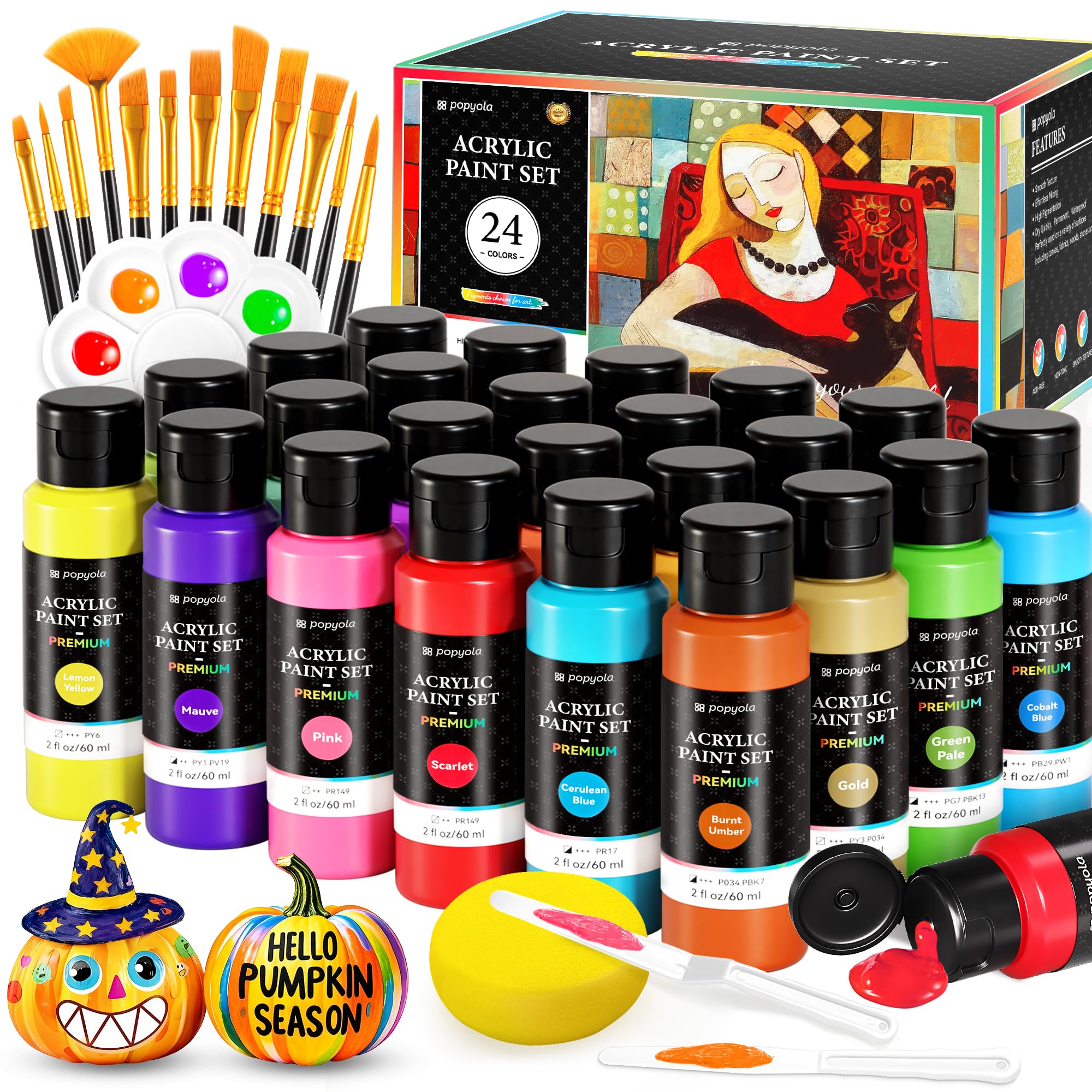 40 PCS Acrylic Paint Set with 12 Brushes, 2 Knives & Palette, 24 Colors (2oz/60ml) Art Craft Paint for Adults Kids Artists Beginners, Halloween Pumpkin Canvas Ceramic Rock Painting Kit