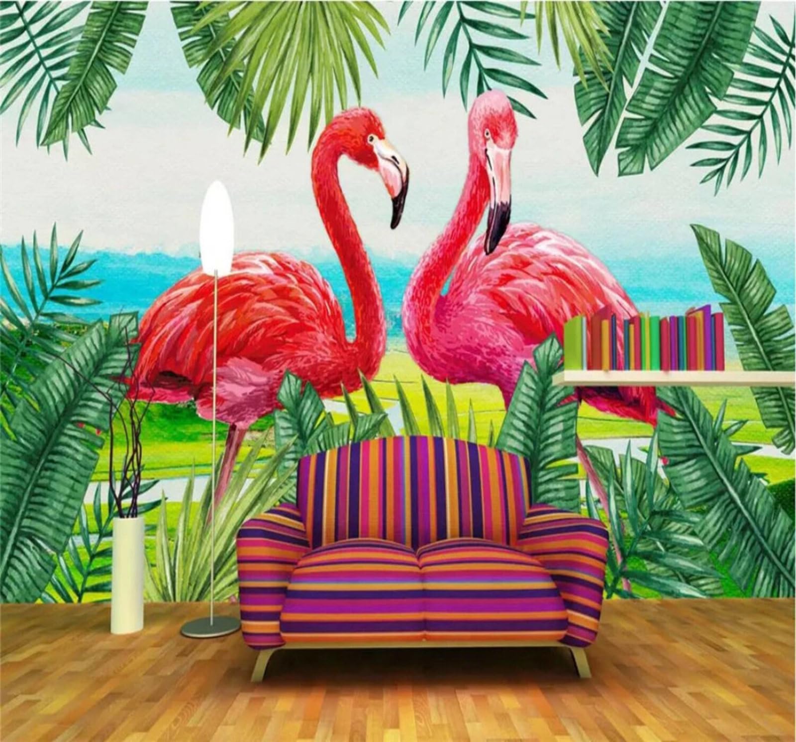Xlming 400Cm×280Cm(B×H) Fresh Hand Drawn Plants Green Leaves Flamingos 3D Wallpaper Luxury Home Dining Decor Paste Sofa Living Room The Wall For Bedroom Mural-400Cm×280Cm