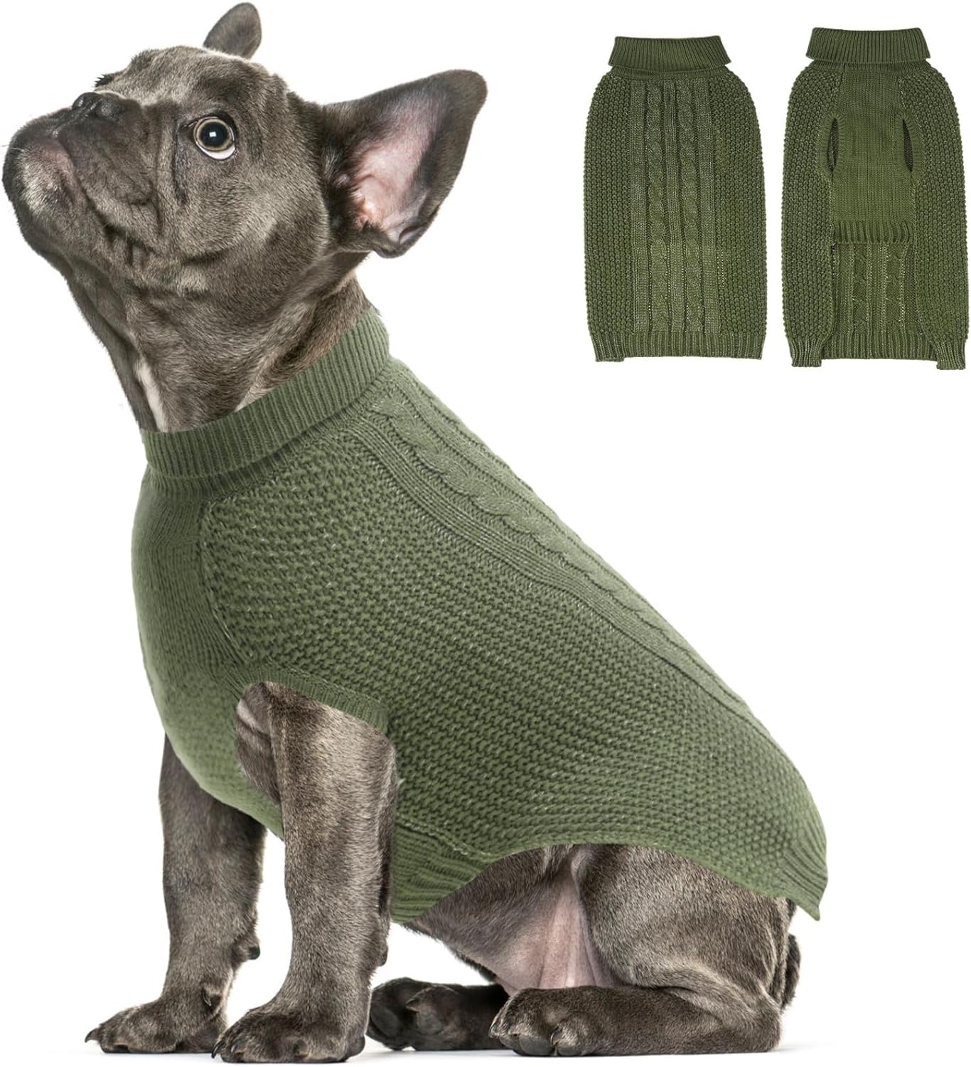 Medium Dog Sweater, Classic Cable Knit Warm Dog Sweatshirt with Reflective Yarn for Girl Boy, Halloween Fall Winter Coat Turtleneck Pullover Clothes Apparel for Small Medium Large Dogs, Green M