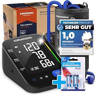 GRUNDIG Blutdruckmessgerät Oberarm - hochpräzise - einfachste Bedienung - perfekt ablesbar - Herzrhythmusstörungen Erkennung - Risikobewertung - Manschettensitzkontrolle (inkl. Batterien)