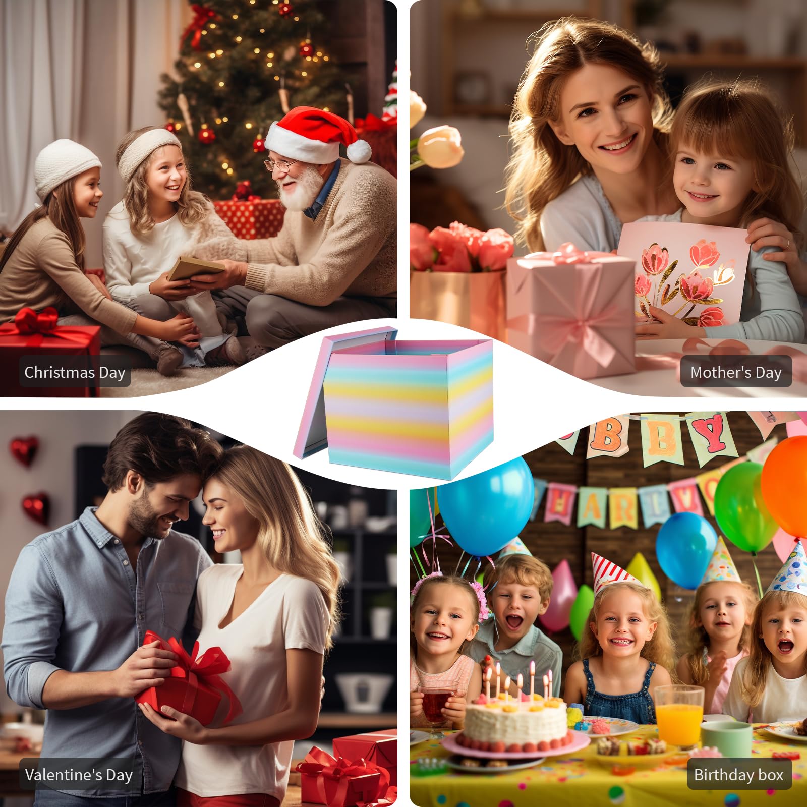 YINUOYOUJIA Große Geschenkbox, 30,5 x 30,5 x 25,4 cm, Geschenkboxen mit Deckel für Geschenke, Geburtstagsbox, Geschenkverpackung für Babyparty, Valentinstag, Kinderparty, Feiern (bunte Box)