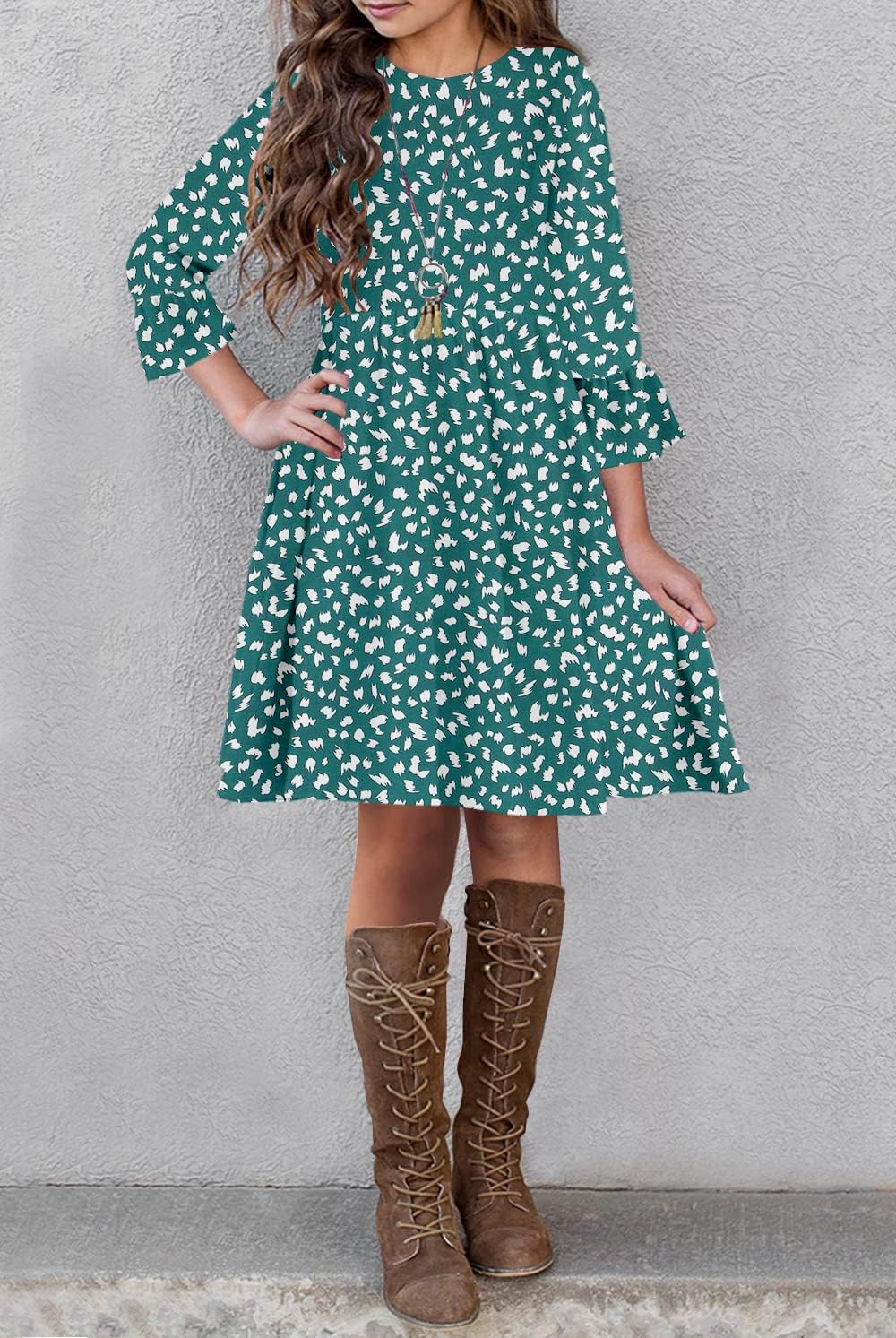 HOSIKA Girls Midi Dress Floral 3/4 Sleeve Ruffle A-line Swing Casual Dresses with Pockets for Kids 6-12 Years - Image 4