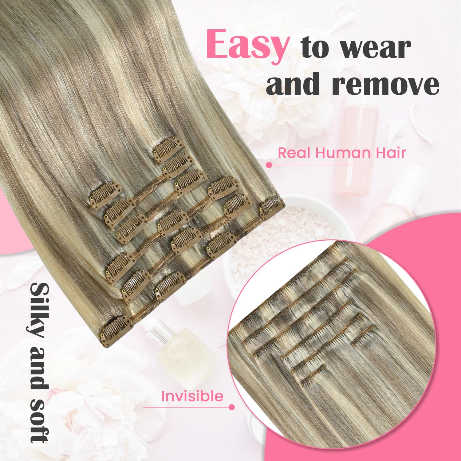 Aison Clip-in Hair Extensions, 20 Inch Ash Blonde Mixed Bleach Blonde, Real Human Hair Double Weft 70g 7pcs #18p613
