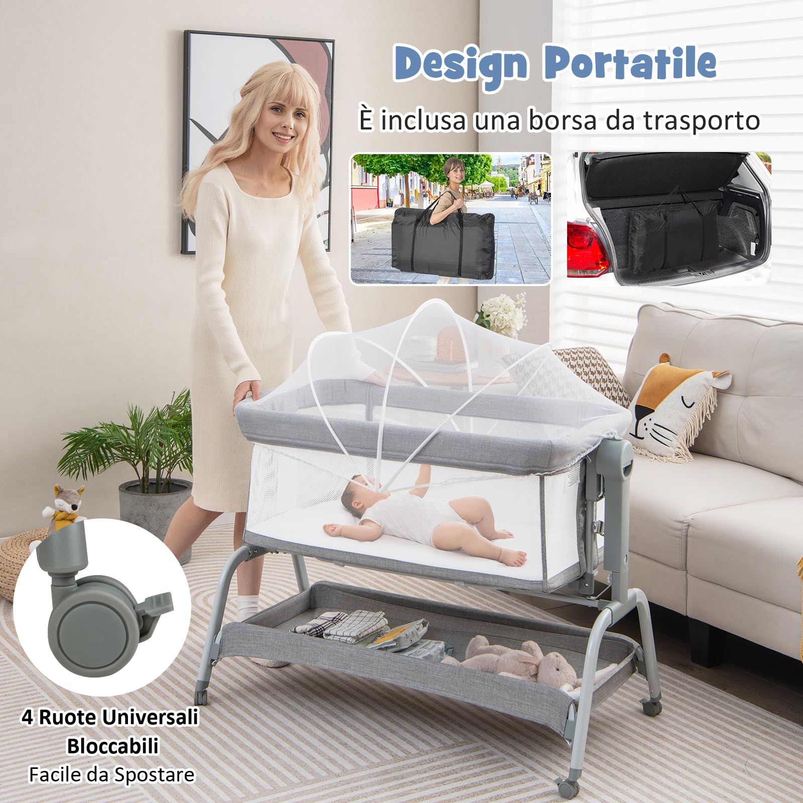 COSTWAY Culla Neonato Fianco 4 IN 1, Culla Co-sleeping con Spondina Apribile, Altezza Regolabile, Materasso Ruote Borsa da Viaggio Zanzariera Inclusi, 0-6 Mesi Fino a 9 kg (Grigio)