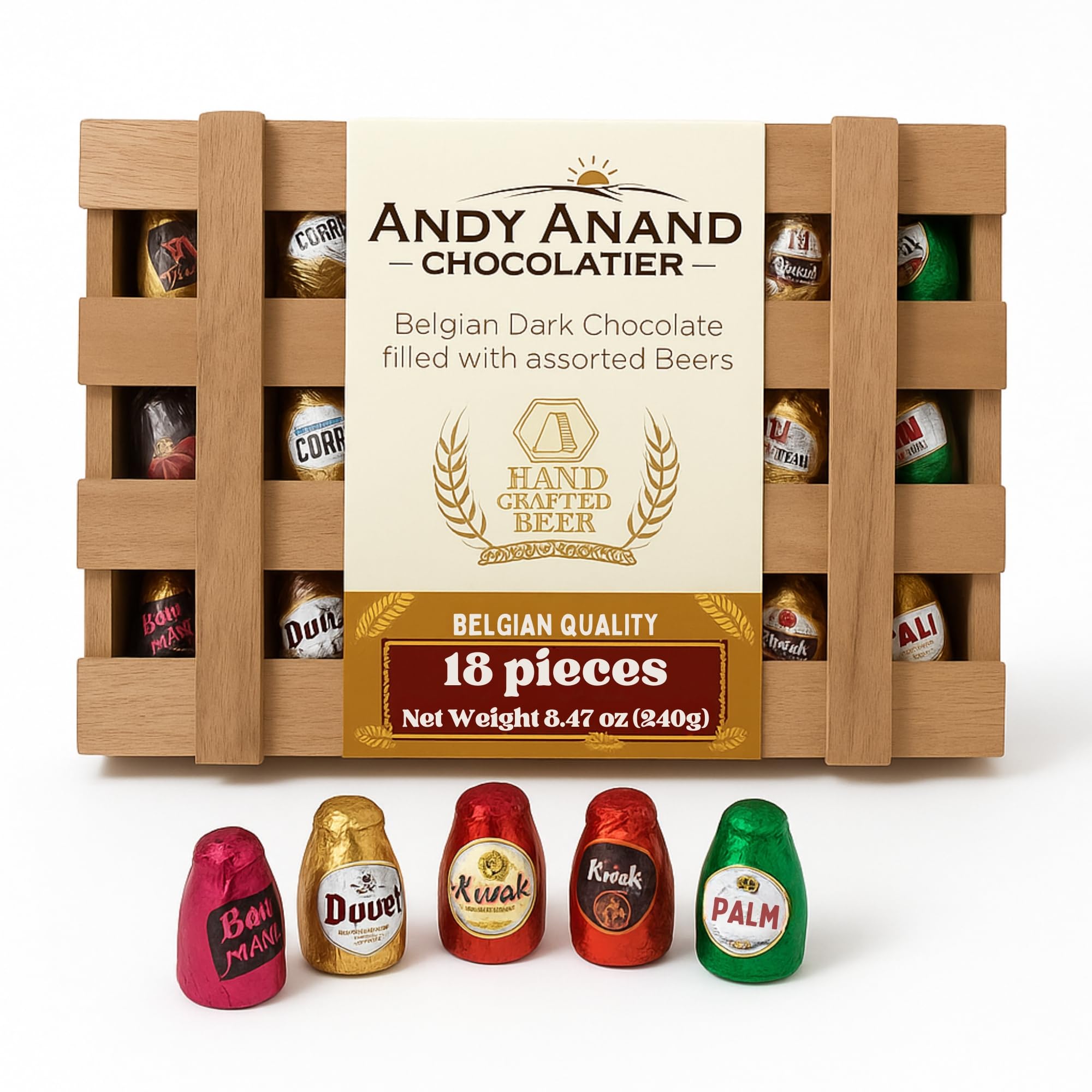 ANDY ANAND CHOCOLATIEREuropean Beer Flavored Dark Chocolate Bottles, Filled with Top-Shelf Beer, Gluten Free Assorted Flavors Chocolates, Packed in a Wooden Gift Box (18 Pcs)