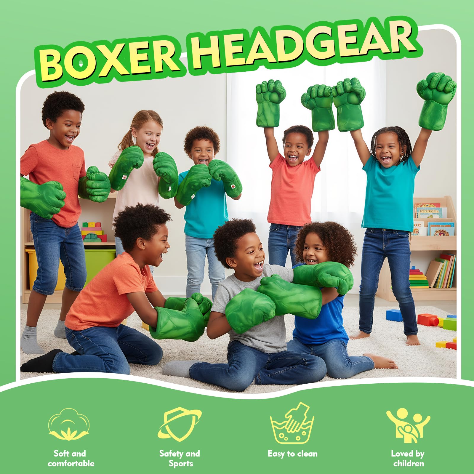Gants de Boxe Enfant, poings en Peluche Douce, pour Cosplay, Noël, Halloween et Anniversaire, Cadeau Insolite pour garçons et Enfants (Vert)