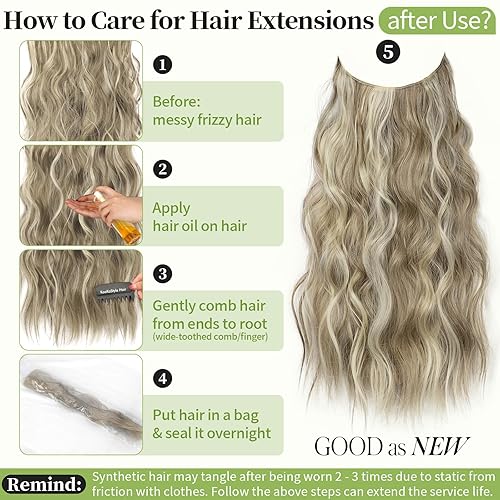 Miniatura 5 de KooKaStyle - Extensiones de cabello con diadema de hilo transparente, ajustable, 4 clips fijadores, largo, ondulado con hilo invisible, para mujer