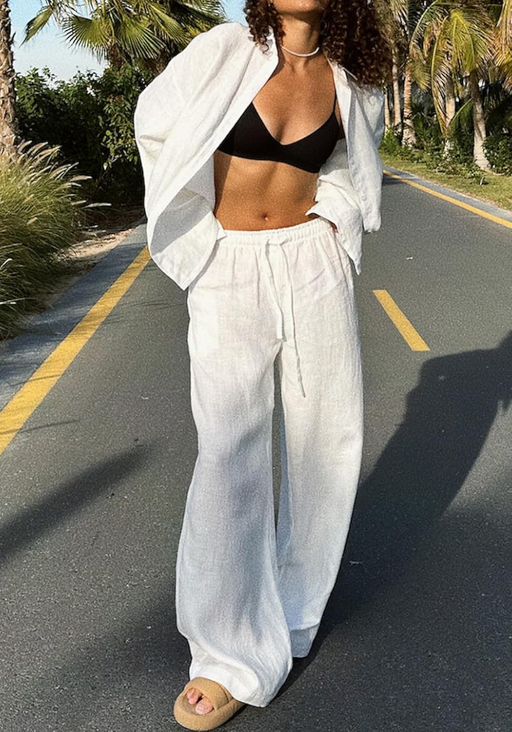 Famnbro Womens 2 Piece Linen Sets Long Sleeve Button Down Shirts and Wide Leg Pants Casual Fall Lounge Tracksuit Outfits - Image 2