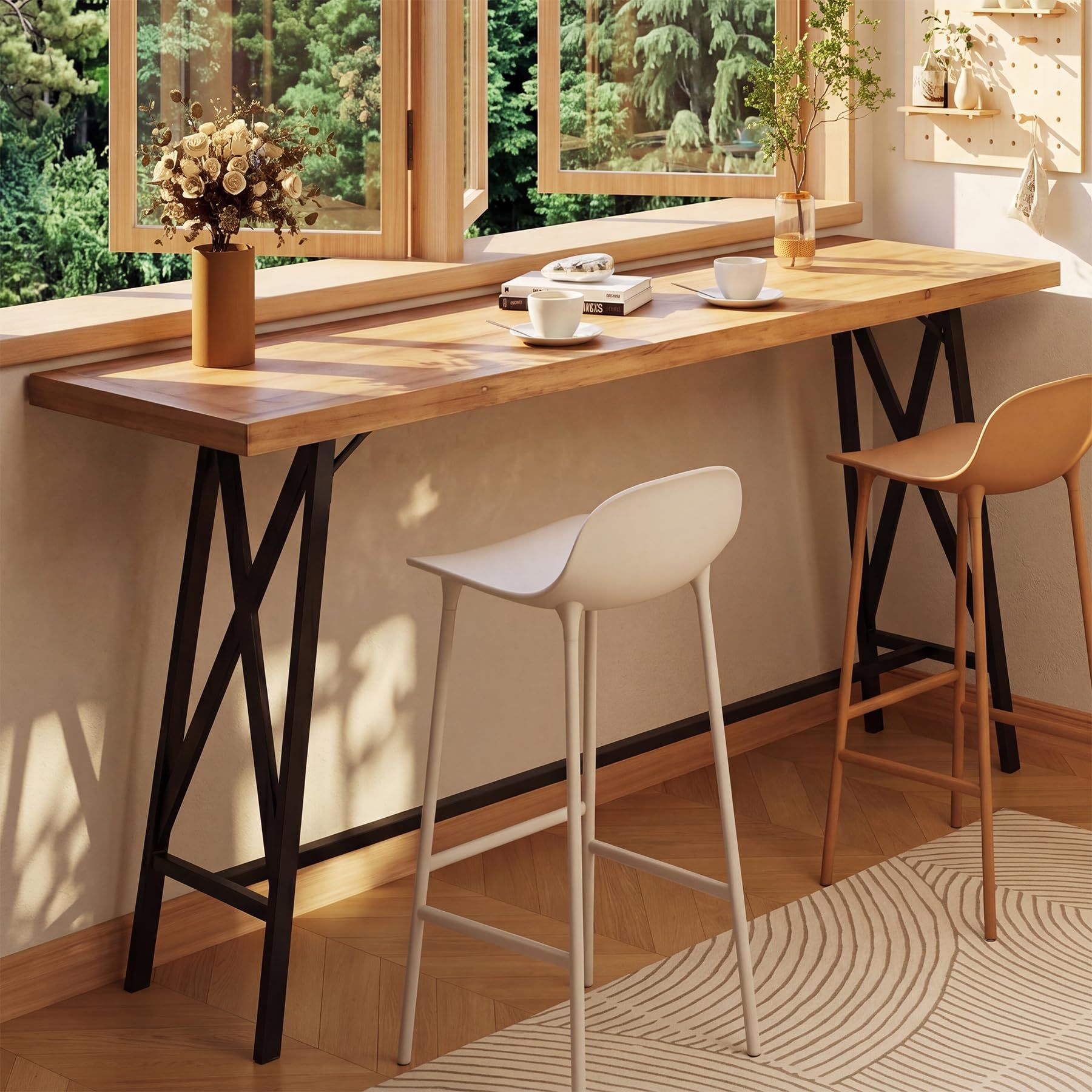 Tribesigns Solid Wood Bar Table with Metal Footrest, 160cm Long Counter Height Pub Table Industrial Tall Bistro Tables, Rectangular Narrow Home Coffee Bar Unit for Dining Room, Kitchen, Basement