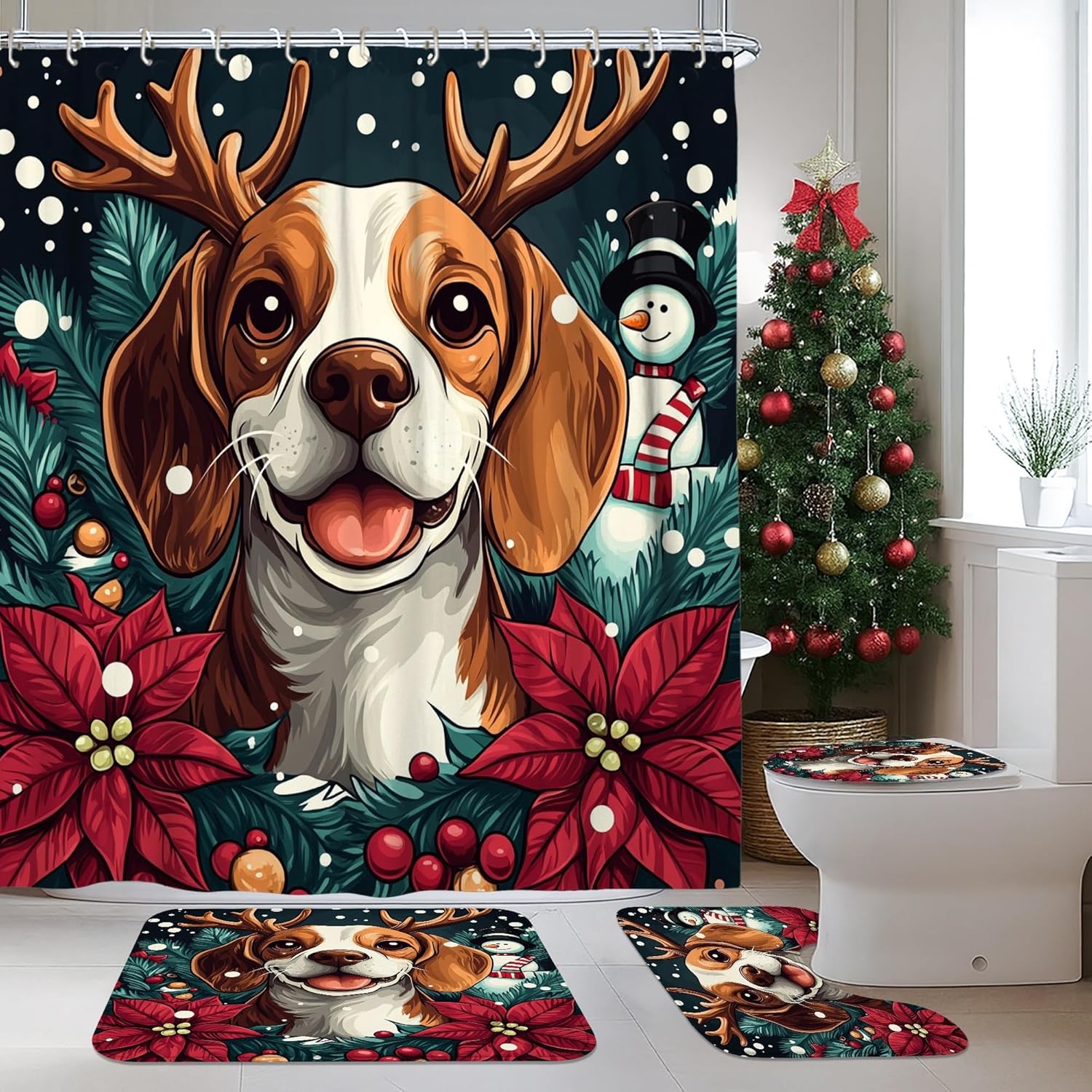 4PCS Winter Christmas Beagle Dog Bathroom Sets, Bath with Non-Slip Rug, U Shape Toilet Lid Cover Mat, Snowman Xmas Puppy Bathroom Decor-72''x72''