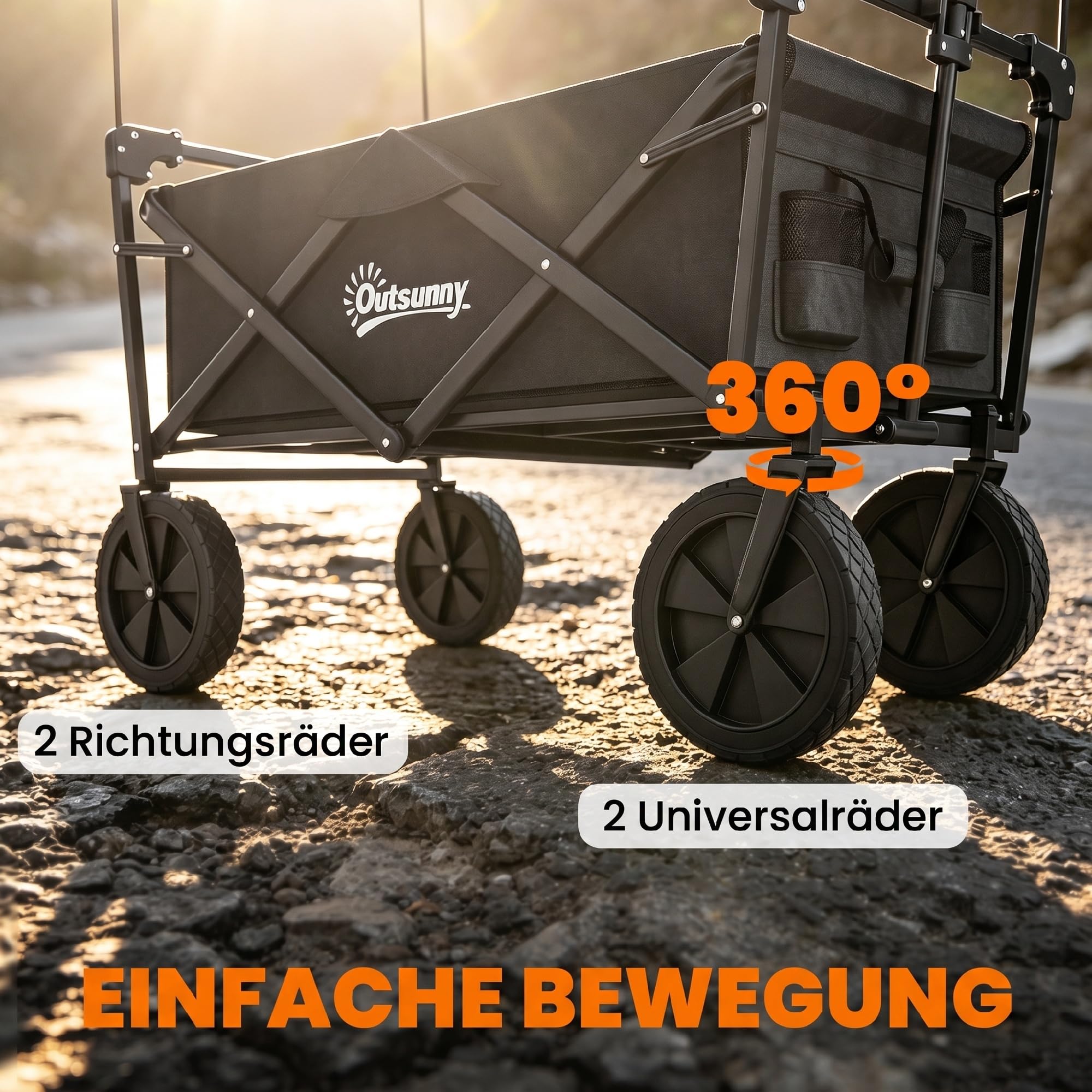 Outsunny Bollerwagen Faltbar Transportwagen mit Sonnendach 100 kg Schwarz | Handwagen mit Griff, Gartenwagen mit Tragetasche, Oxford