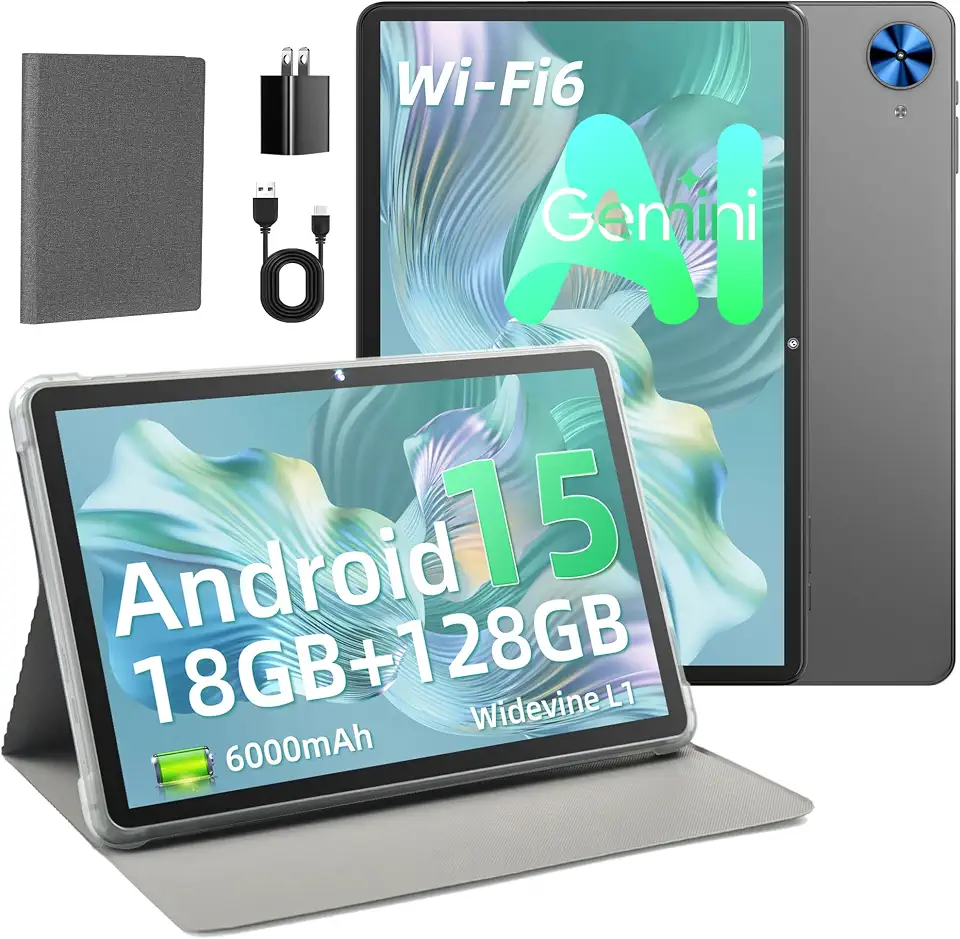 تابلت 10.1 انش اندرويد 15 من هاسكيا، 18GB RAM + 128GB ROM 1TB قابل للتوسيع، تابلت وايد فاين L1 ثماني النواة مع واي فاي 6، 6000mAh، 5MP+8MP، رمادي