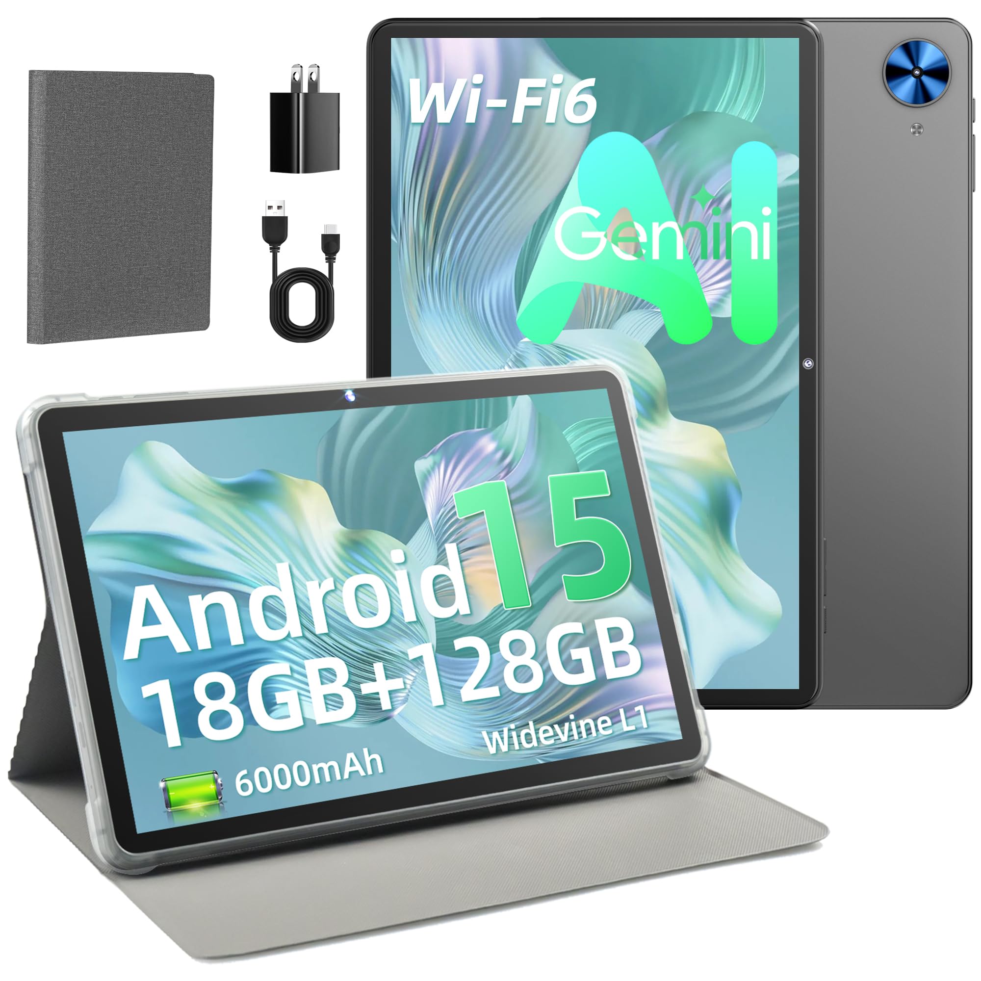 Tablet 10.1 Zoll mit Hülle, Android 15 Tablets, 18GB RAM+128GB ROM