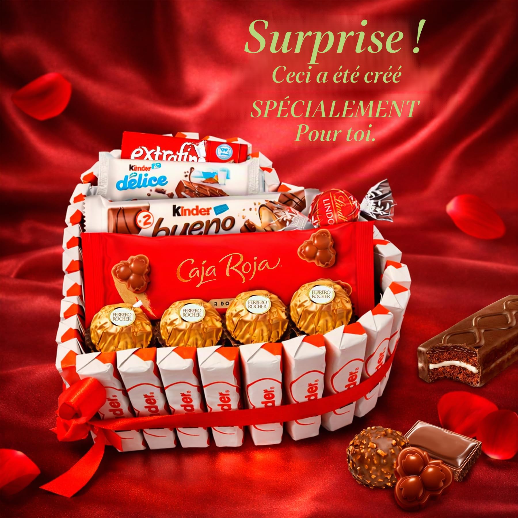 Cœur Surprise Cadeau Saint-Valentin avec Peluche et +40 Chocolats et Confiseries – Ferrero Rocher, Lindt Lindor, Caja Roja, Kinder – Carte Personnalisée