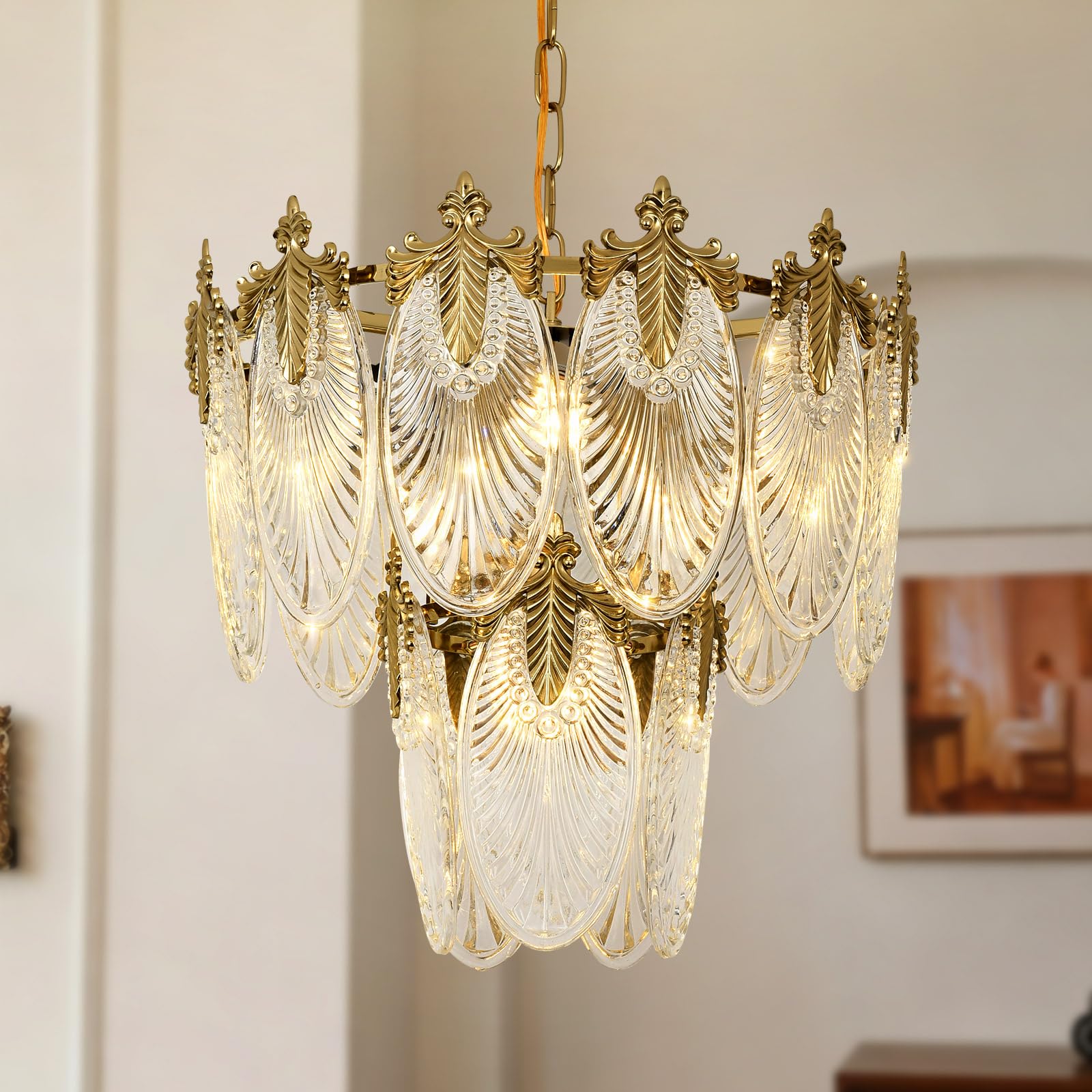 KUNYEEE Retro Crystal Chandelier, Gold Round Glass Raindrop Luxury Pendant Light 2-Tiers Ceiling Hanging, Adjustable Chandeliers Fixture for Dining Room Living Room E14 x 5, Ø40 cm