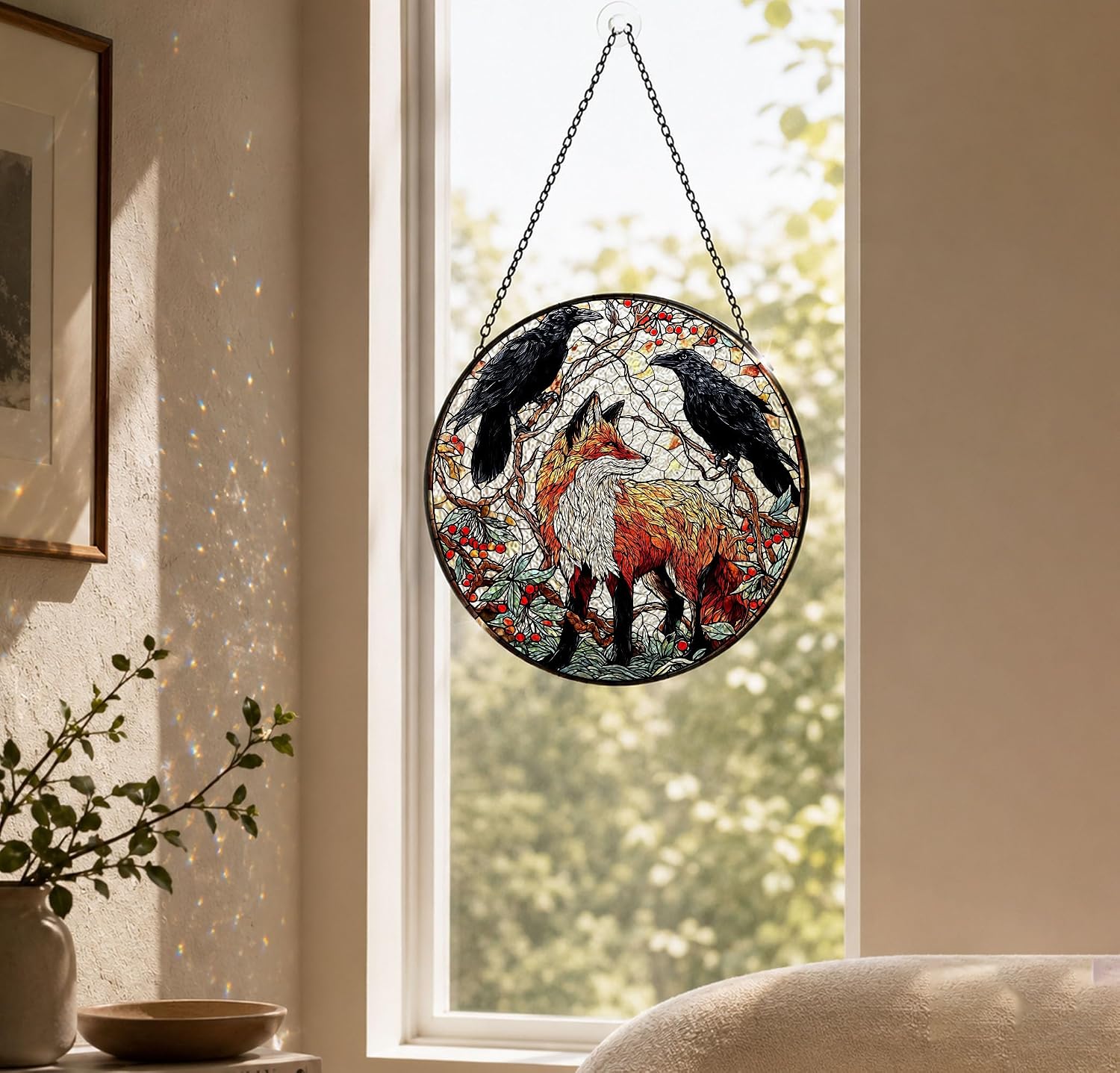 Fox and Raven Gothic Forest Round Stained Glass Suncatcher Window Hanging