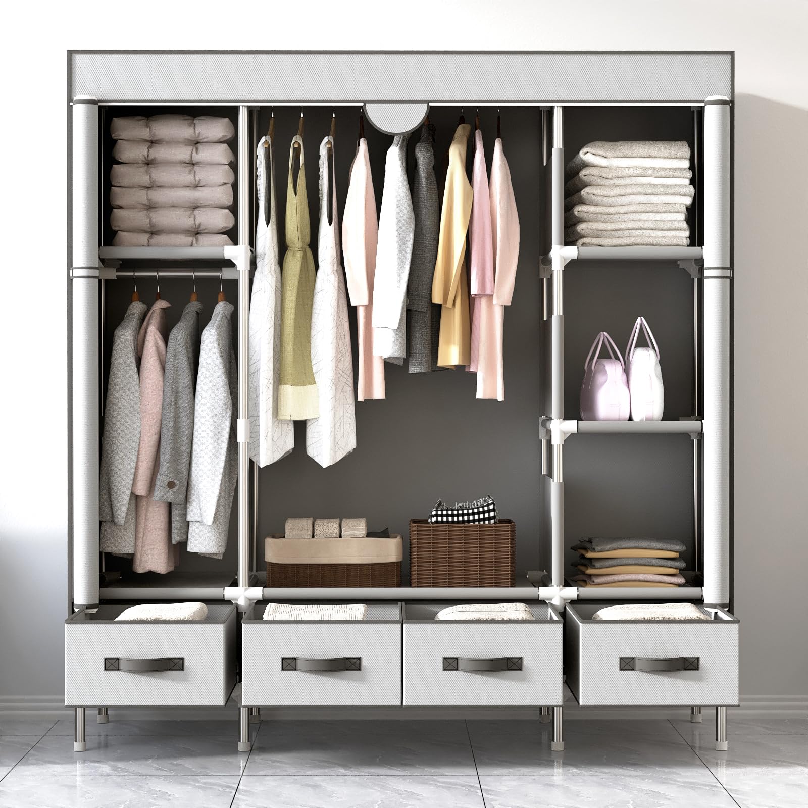 Armario de tela para dormitorio, perchero con cajones, plegable, con 2 barras para colgar ropa, 150 x 45 x 170 cm (blanco gris)