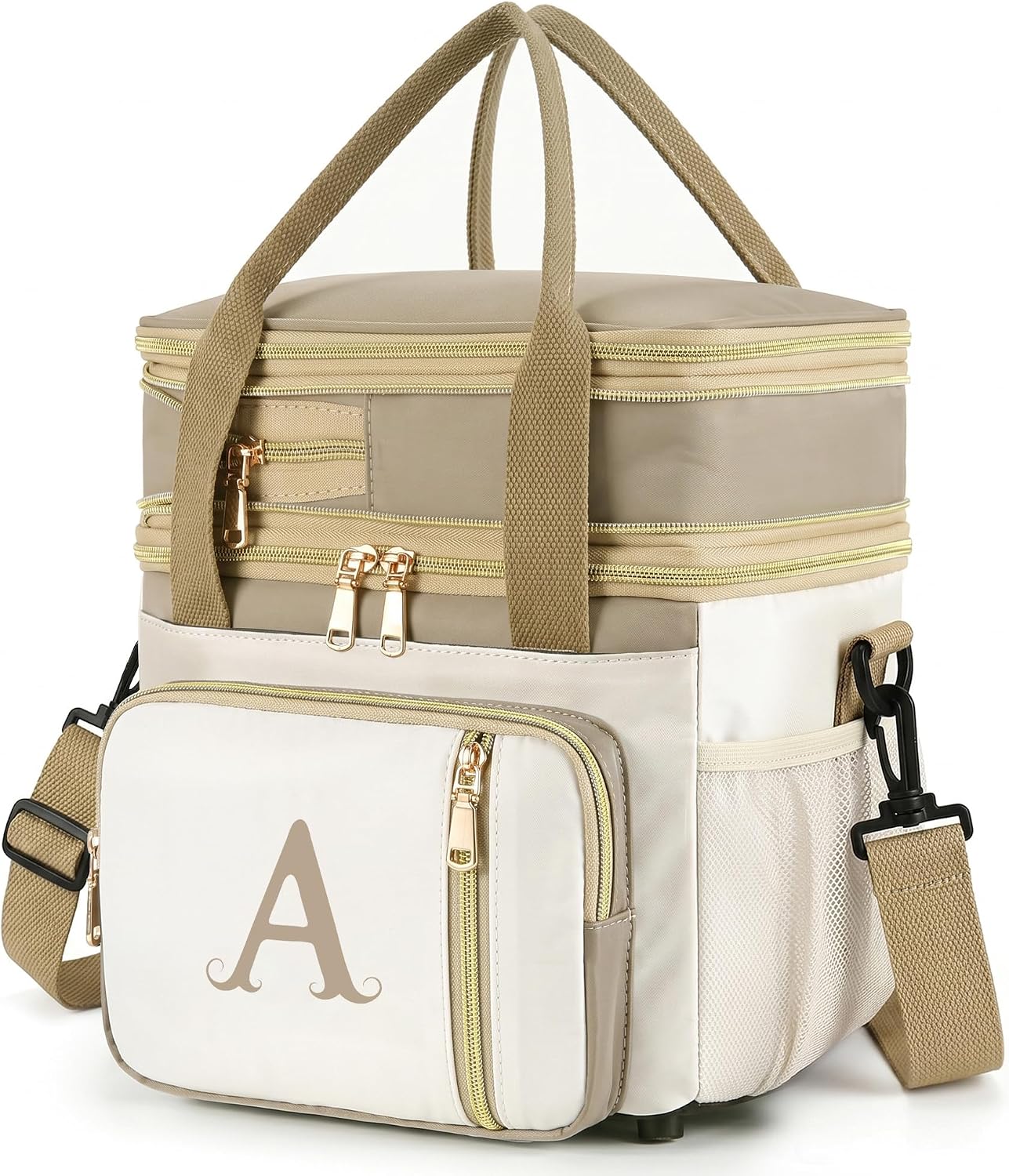 LOKASS Personalized Initial Lunch Bag for Women, Double Deck Insulated Cooler Lunch Bag with Strap, 16L Large Leakproof Adult Lunch Box for Work, Picnic, Travel, Teachers, Nurses, Friends - A