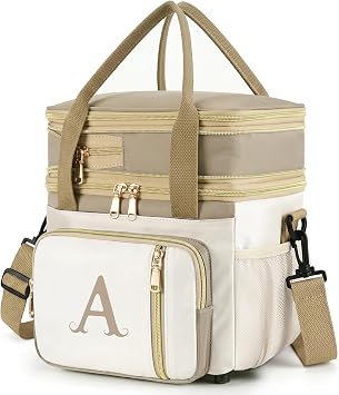 LOKASS Personalized Initial Lunch Bag for Women, Double Deck Insulated Cooler Lunch Bag with Strap, 16L Large Leakproof Adult Lunch Box for Work, Picnic, Travel, Teachers, Nurses, Friends - A