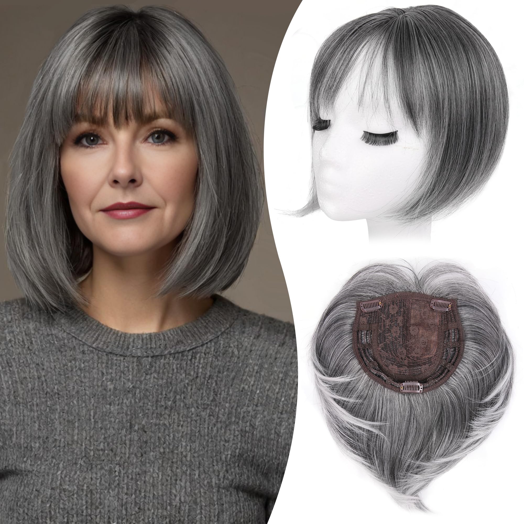 LEEONS Hair Toppers for Women Bob Toppers Hair Pieces for Women with Thinning Hair 360° 3D Cover Short Bob Wig Topper with Clip in Bangs Hair Pieces (