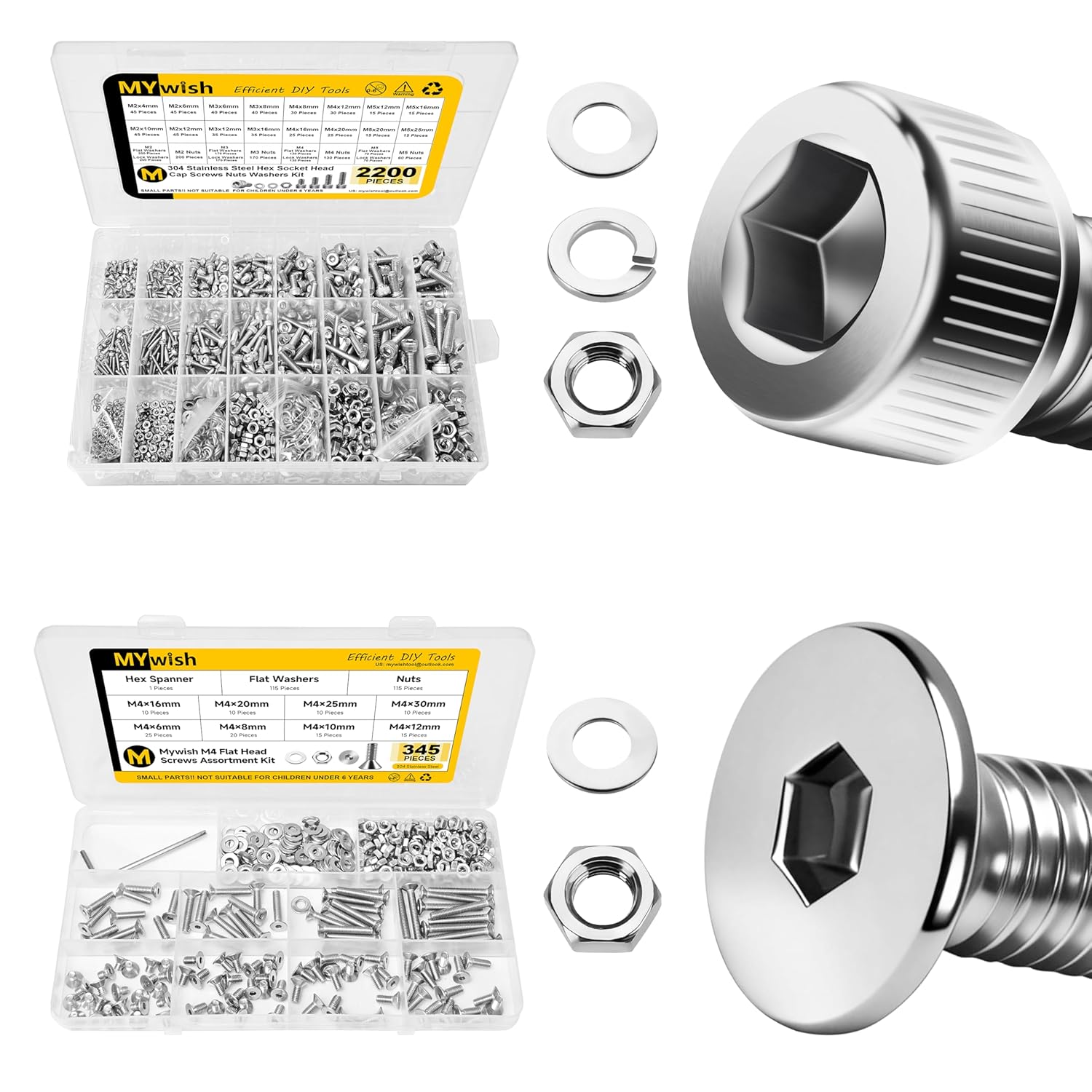 Mywish 2200pc M2-M5 Bolts and Nuts Metric Screw Assortment & 345Pcs Metric M4 Screws Assortment Kit, Flat Head Screws, Stainless Steel Hex Bolts & Nuts, Spring Washers, Anti-Rust, with Hex Wrenches