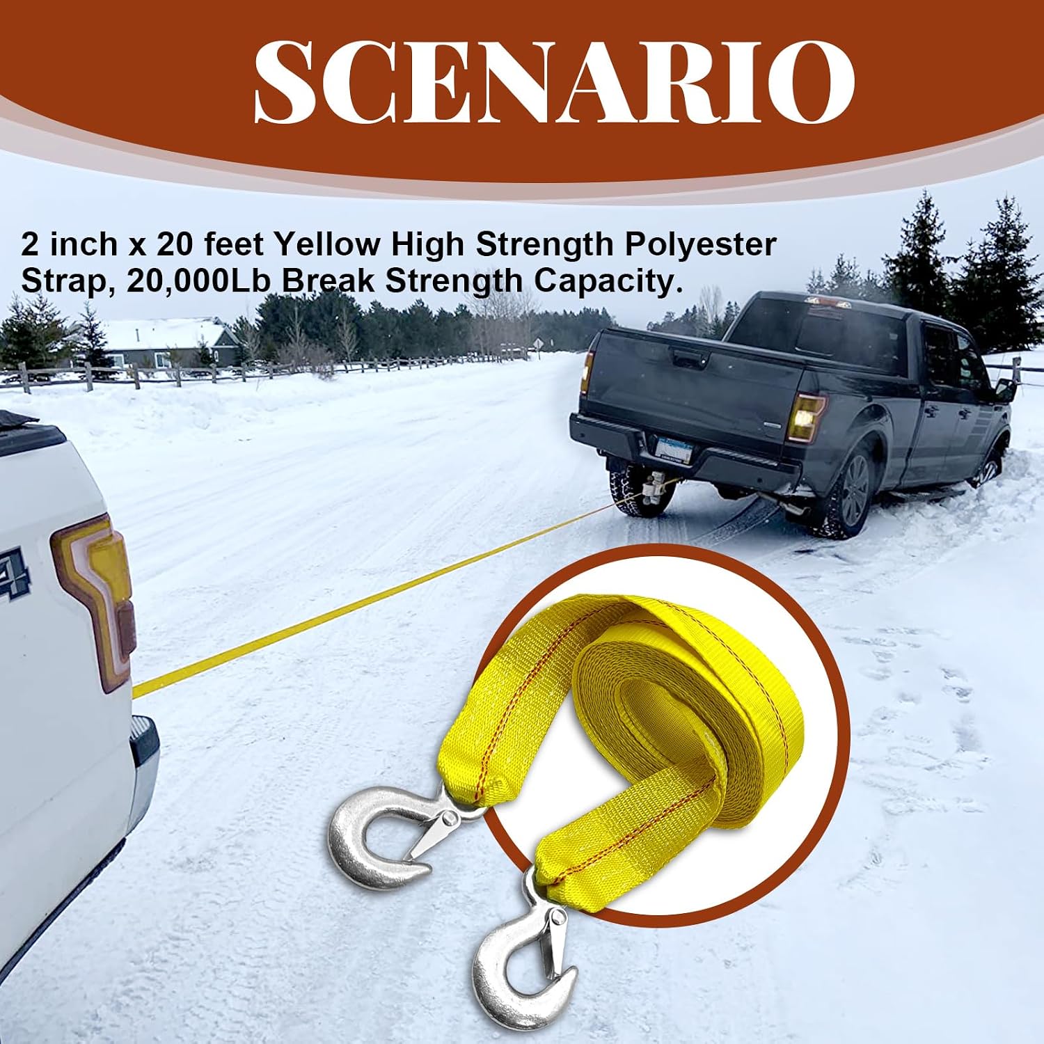 Heavy Duty Car Nylon Tow Strap with Hooks, 2” x 20Ft, 20,000 lbs Capacity Tow Rope for Vehicles, Cars, Trucks, ATV, SUV, Boat Emergency Accessories (Yellow-with Forged D-Ring Hooks)