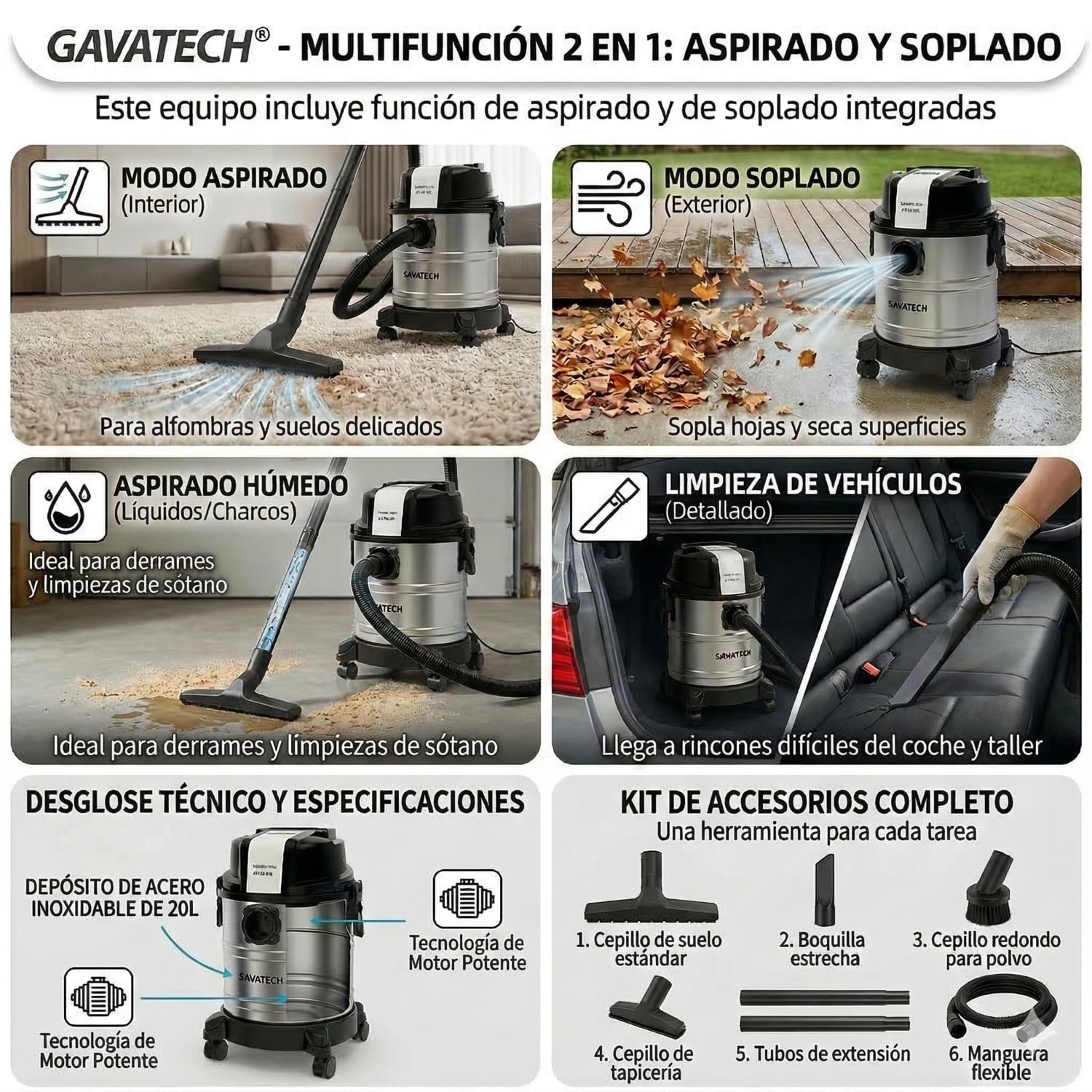 Aspiradora Multifunción,solidos y liquidos, 20L, 1250W, con 4 Cepillos y numerosos Accesorios. Aspiradora de humedo y seco. Funciona con Bolsa y sin Bolsa. Funcion de succion y de soplado.