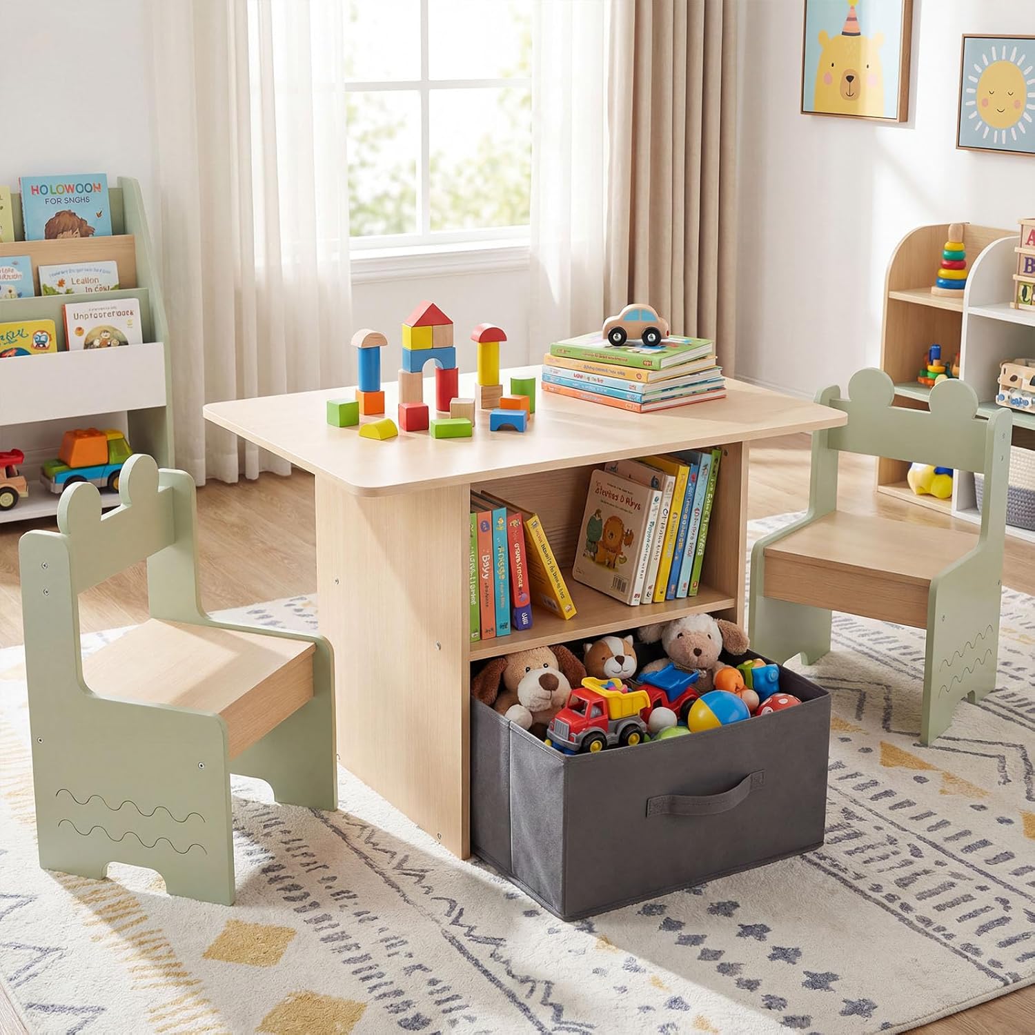 Costzon Kids Table and Chairs, Wooden Toddler Activity Desk Set with 2 Open Compartments & Fabric Drawer, Spacious Desktop, Indoor Children Furniture for Arts & Crafts (Green)