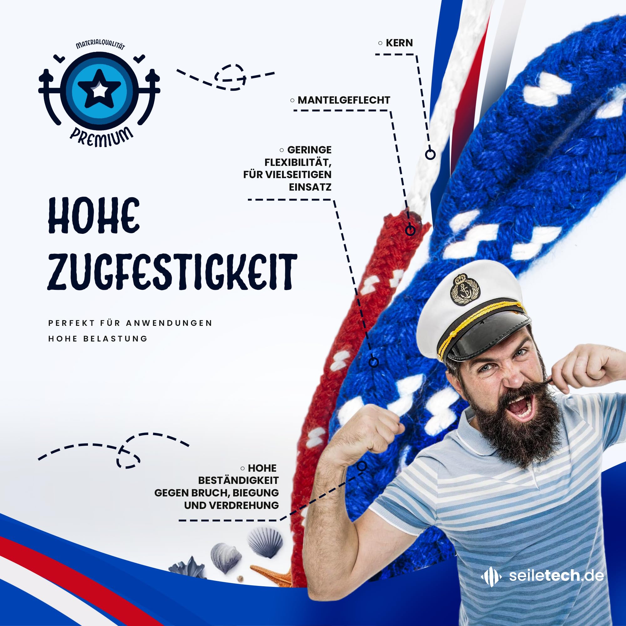 Polyesterseil – 12mm – 30m – Weiss mit blau Flecken – Schotseil – Kordel – 16-Fach geflochten – guter Griff
