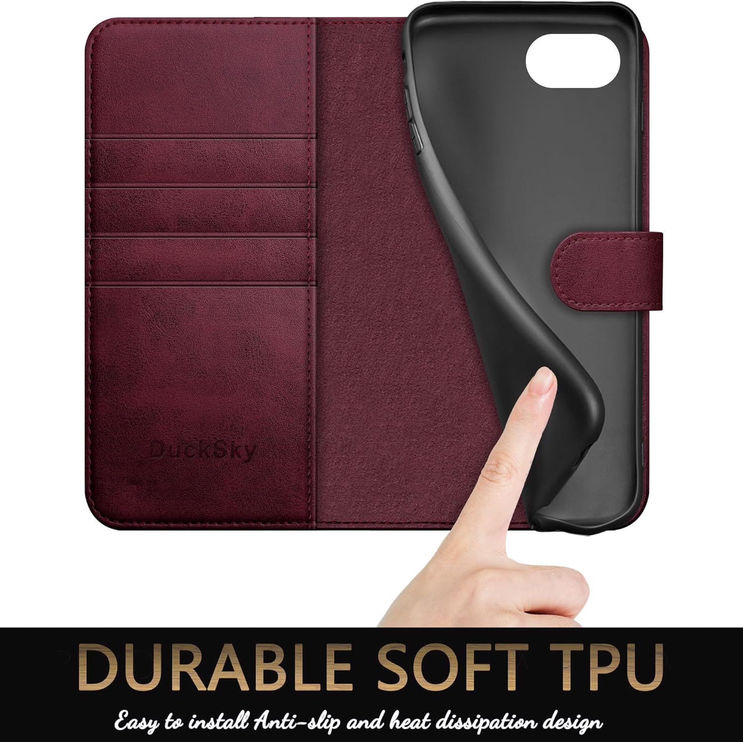 DuckSky Compatible with iPhone 16e 6.1" Genuine Leather Wallet case【RFID Blocking】【Credit Card Holder】【Real Leather】 Flip Folio Book Phone case Cover Women Men for Apple 16e case Wine Red - Image 6
