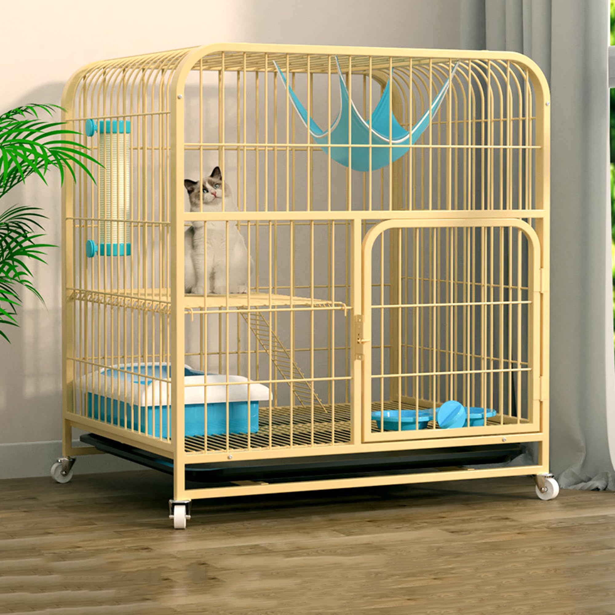 Gabbia per gatti con rotelle rotanti a 360°, recinto per gatti, casetta per gatti con vassoio rimovibile, rampa, scale, gabbia in metallo per piccoli animali, balcone, per interni ed esterni, facile