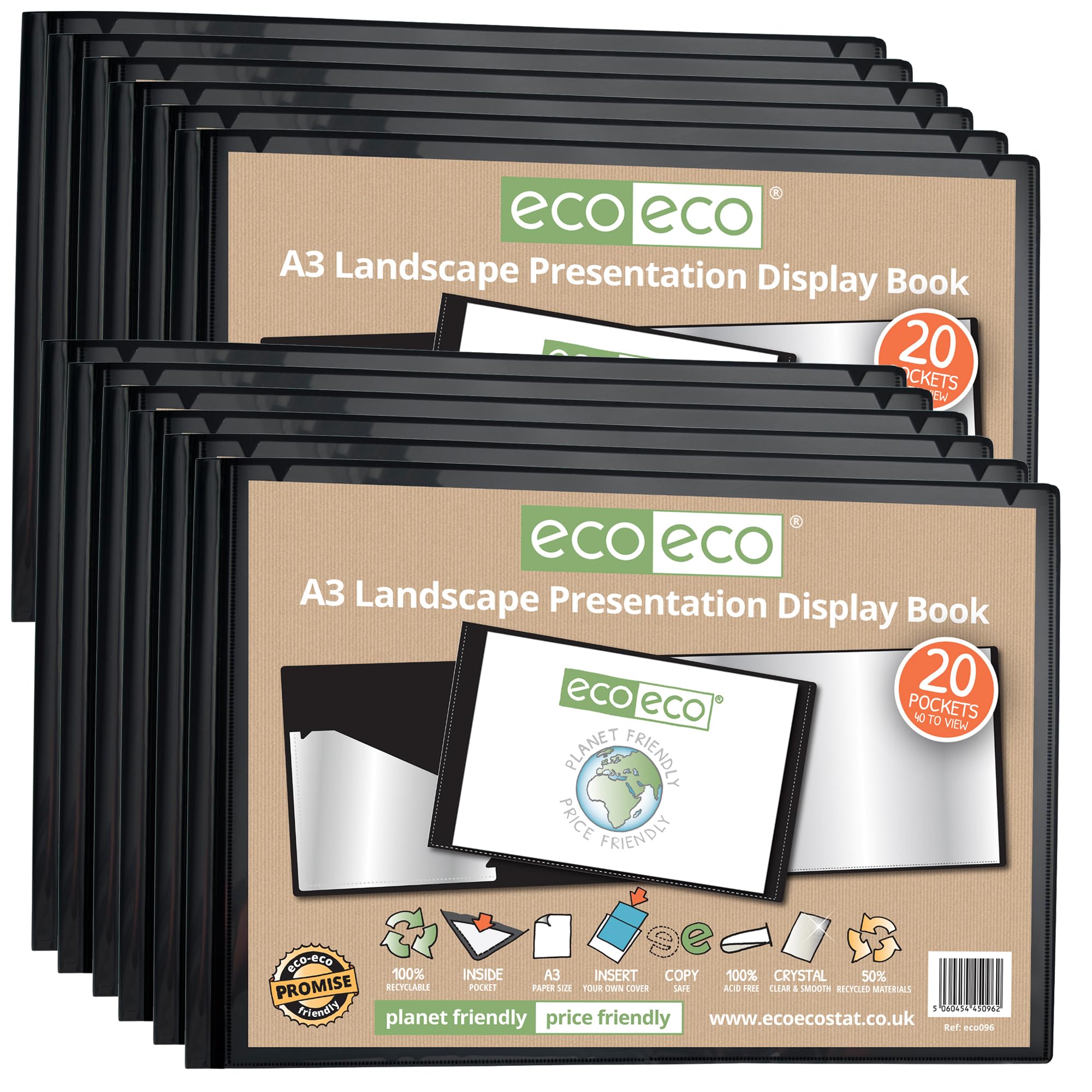eco-eco Eco096x12 Präsentationsmappe, A3, 50% recycelt, 20 Taschen, Querformat, schwarz, Aufbewahrungsetui, Kunstmappe mit Kunststoffhüllen, 12 Stück