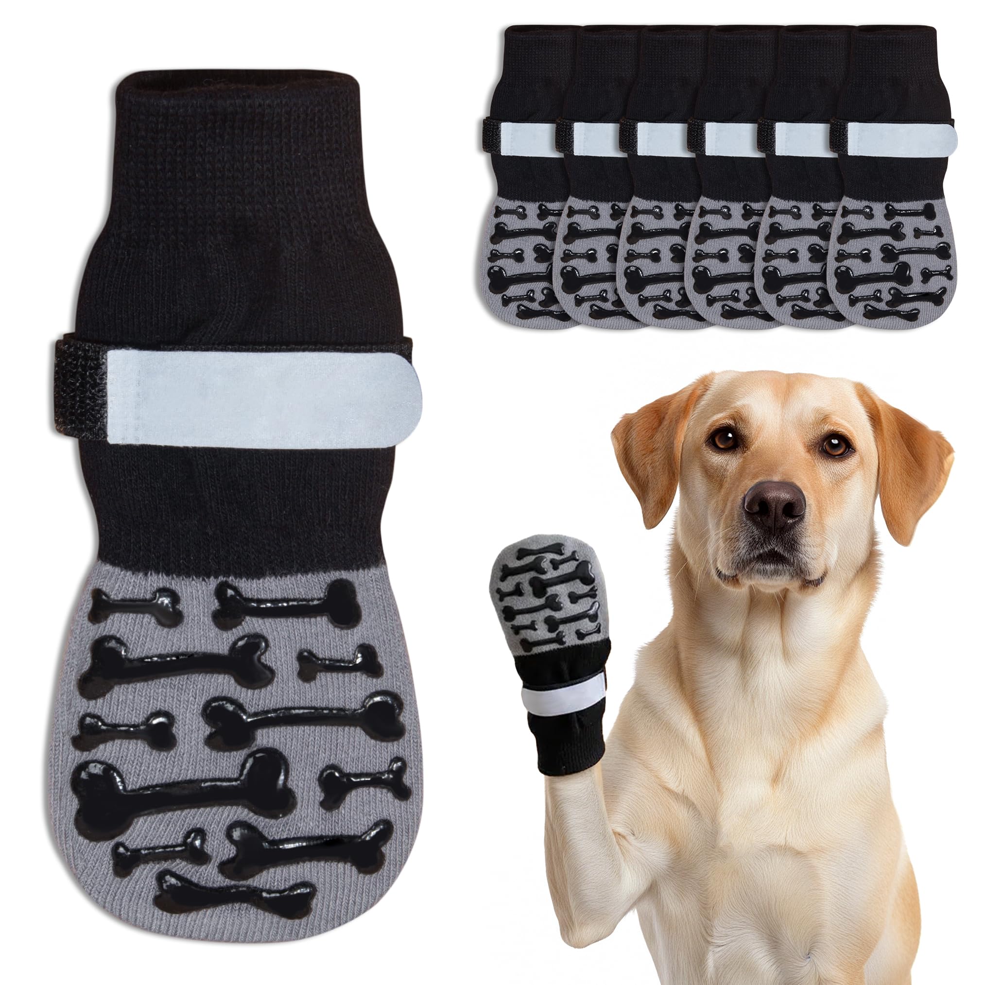 Fantasreen 6 Pcs Non-Slip Dog Socks with Cute Bone Paw Grips Indoor Dog Socks for Hardwood Floors, Booties for Hot Pavement, Socks for Winter Snow, Paw Protector Socks (Modern Grey, L)