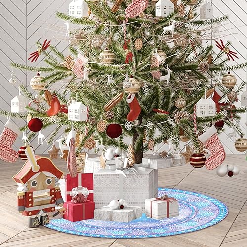 Miniatura 4 de Falda de árbol de Navidad de 48 pulgadas, diseño de copo de nieve azul y blanco, faldas de árbol grandes para fiesta de Navidad, falda de árbol para