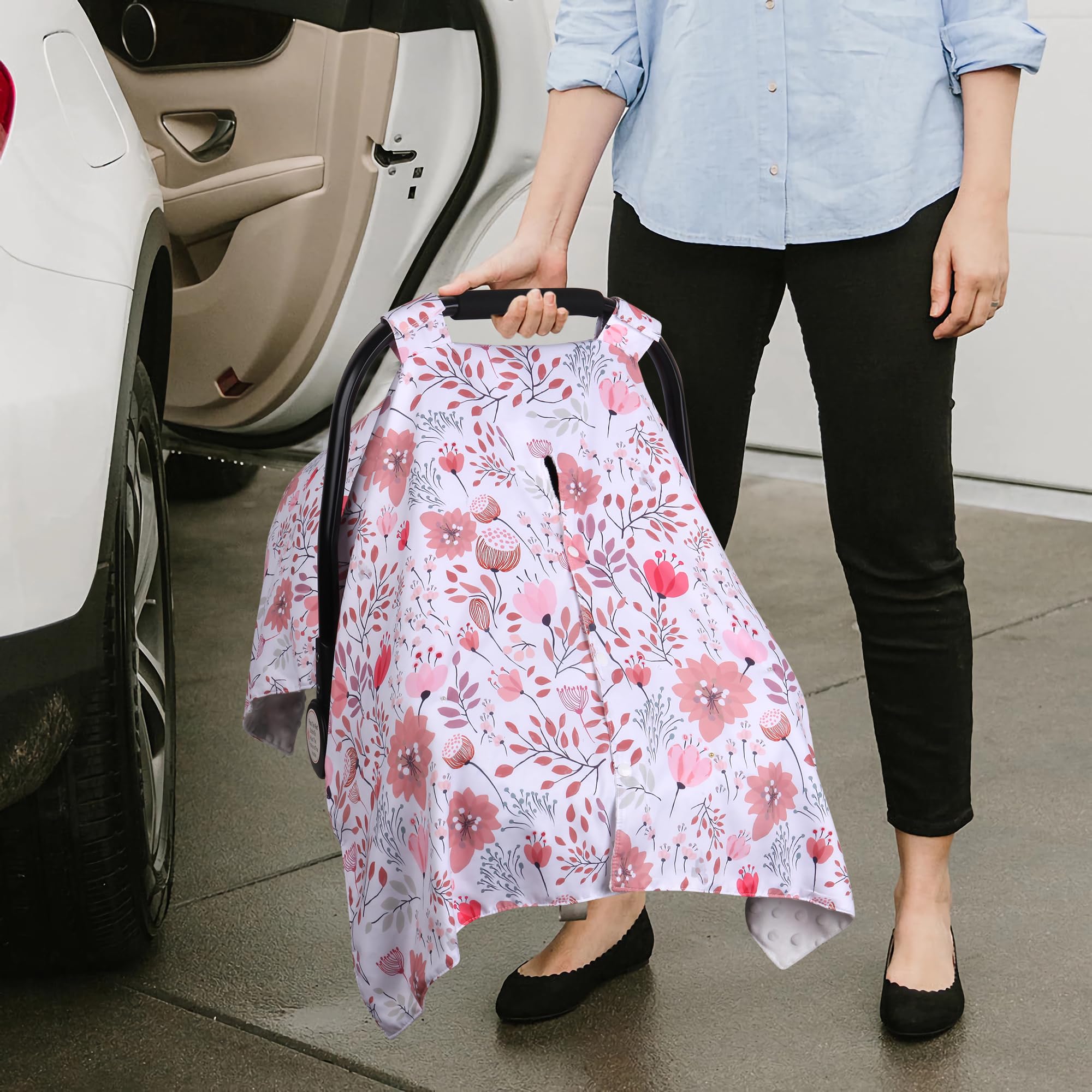 Rquite Funda de asiento de coche para bebé, fundas de asiento de coche para bebé, niña y niño, funda de asiento de coche infantil de flores rosas, toldo transpirable de apertura Peekaboo, cubierta de