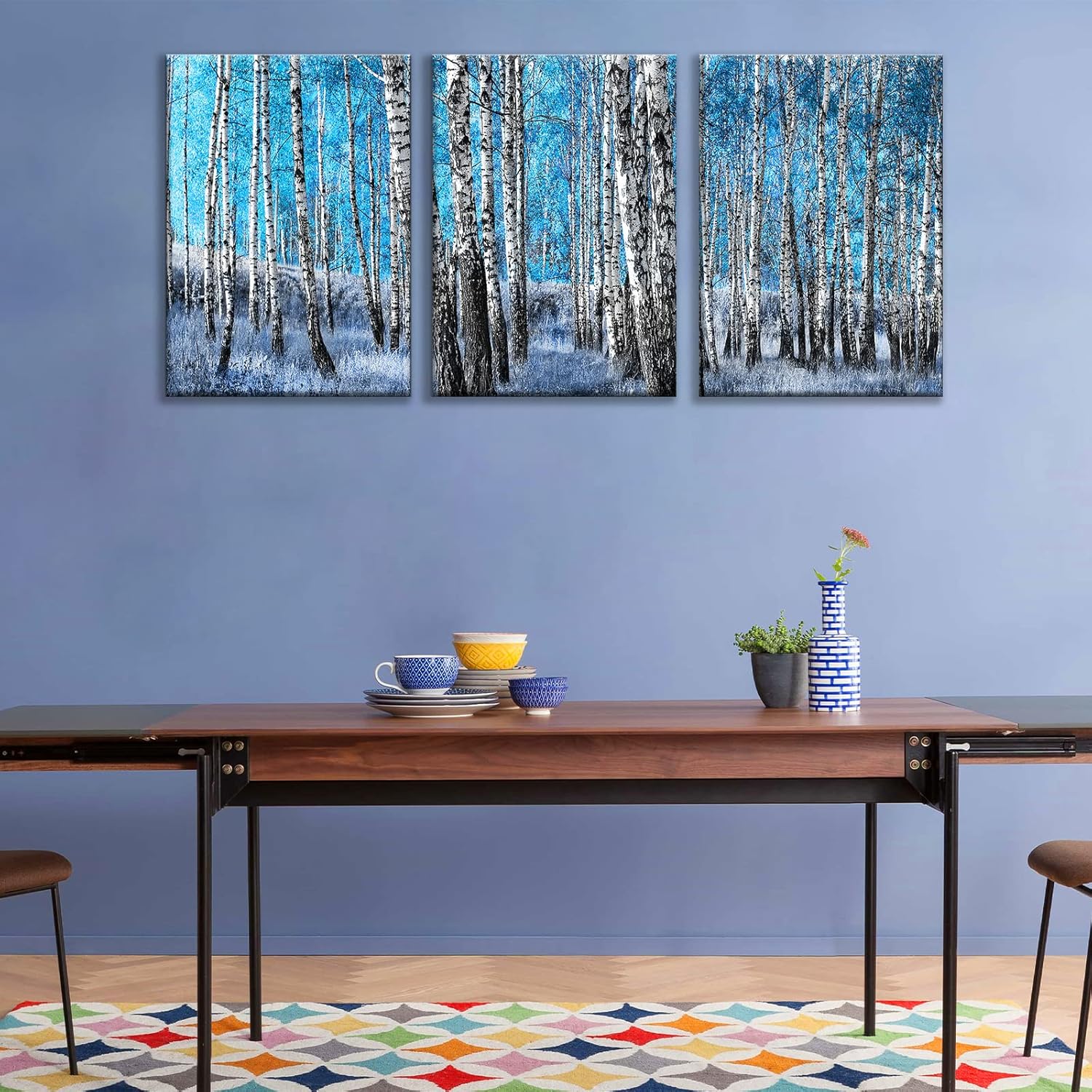 3 Piece Canvas Wall Art for Living Room, White Birch Trees in Blue Forest Painting Artwork Picture for Bedroom Office Home Wall Decorations blue 16"x28"x3Pcs