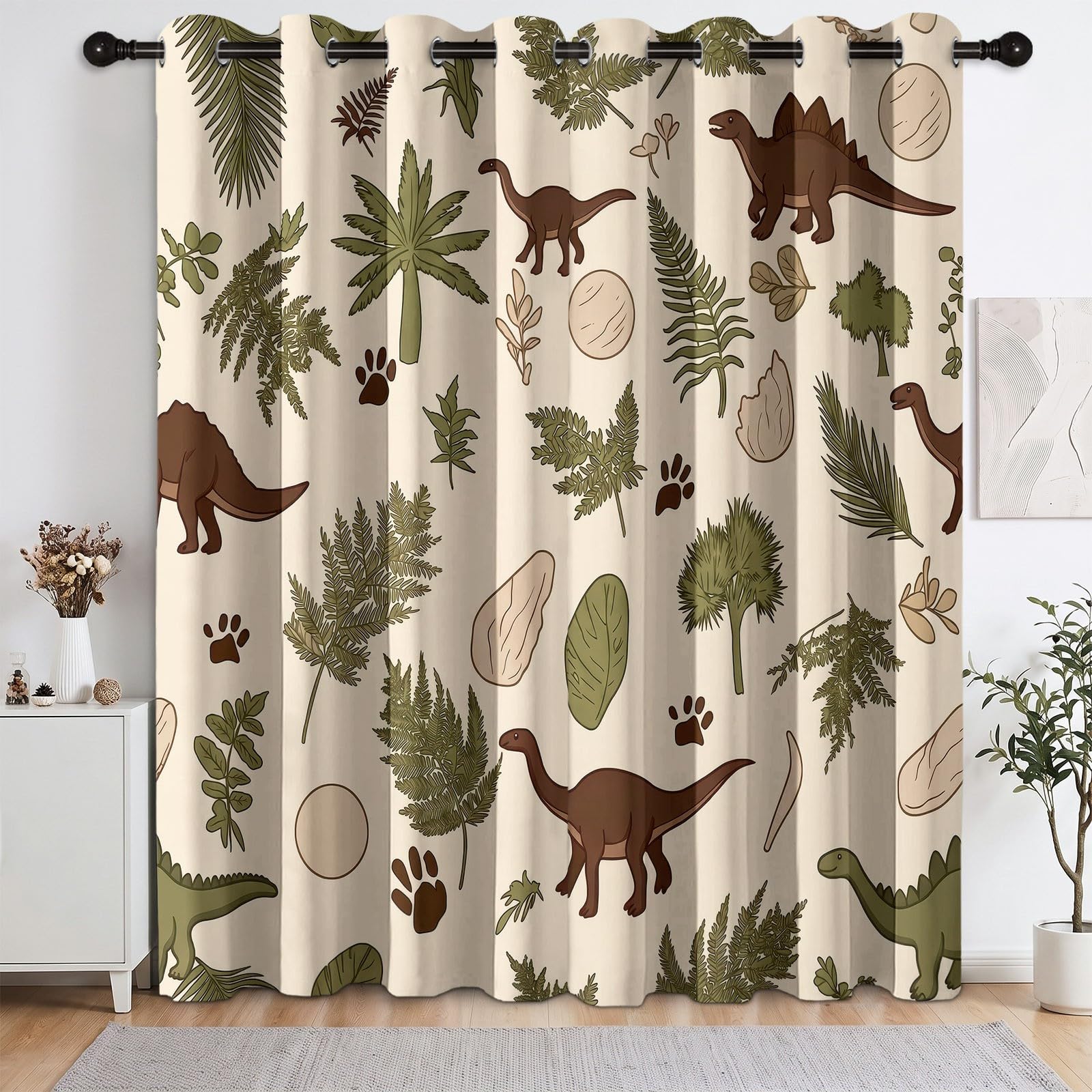 Zasłona z motywem dinozaurów, 100% termiczna zaciemniająca z oczkami, zestaw 2 sztuk 140 x 180 cm, paproć palma do sypialni dla chłopca i redukcja hałasu, do salonu i sypialni