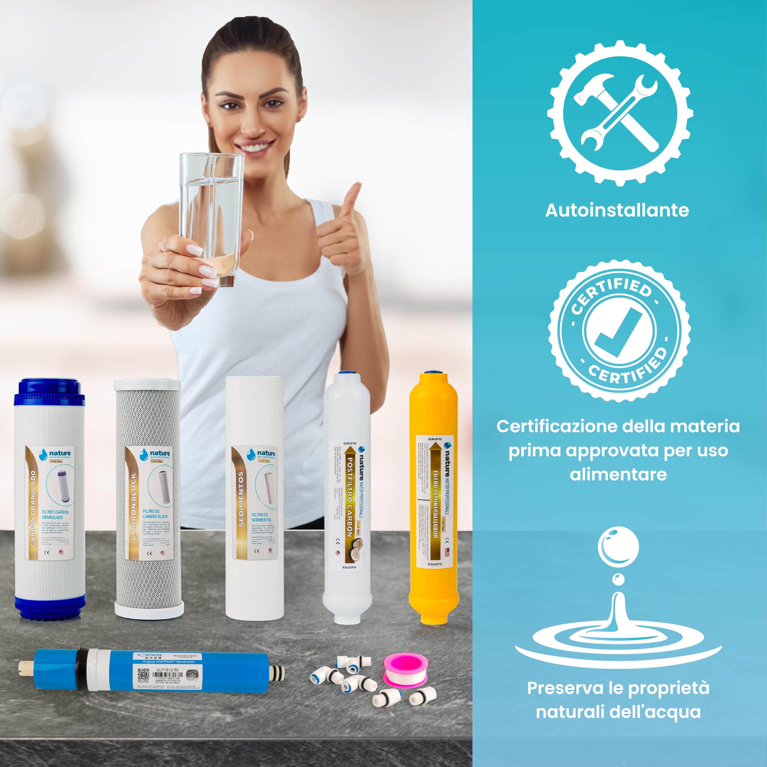 NATURE WATER PROFESSIONALS 5 confezioni di filtri a osmosi inversa Gold Line per osmosi inversa domestica e membrana Vontron 50GPD - Filtri a osmosi inversa a 6 stadi Include connettori, tee e teflon