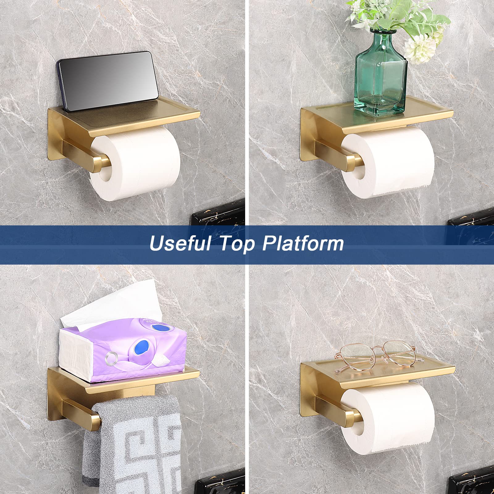 NearMoon Toilet Paper Holder with Shelf, Heavy Duty Bath Toilet Roll Holder with Phone Shelf Tissue Hanger for Bathroom/Kitchen No Drill or Wall Mounted(304 Stainless Steel, Brushed Gold) — Amazon image 4